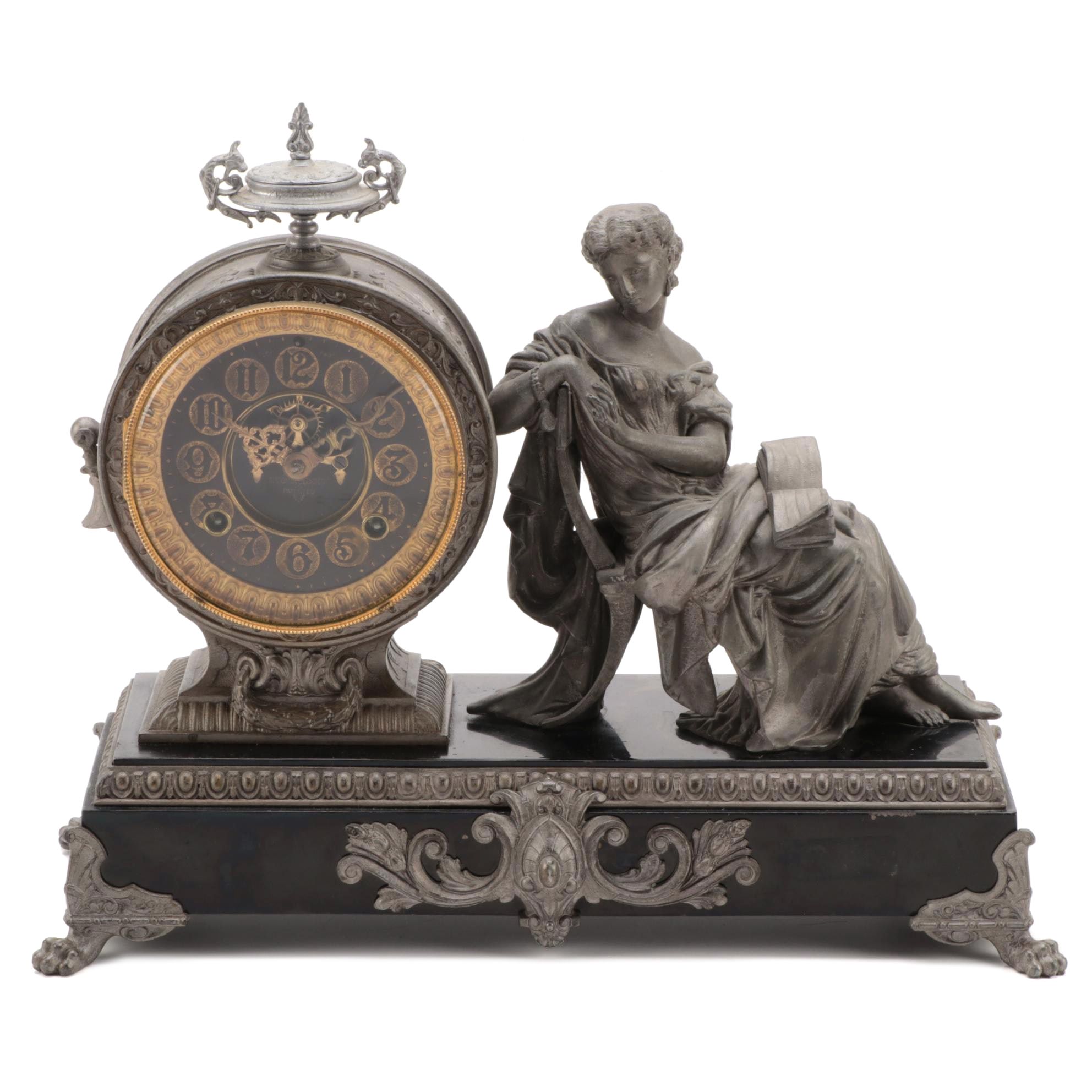 Victorian Ansonia Cast Spelter Figural Mantel Clock, Late 19th Century