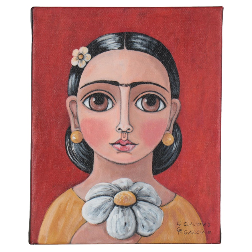 Claudia García Mexican Folk Art Acrylic Painting of Woman, 21st Century