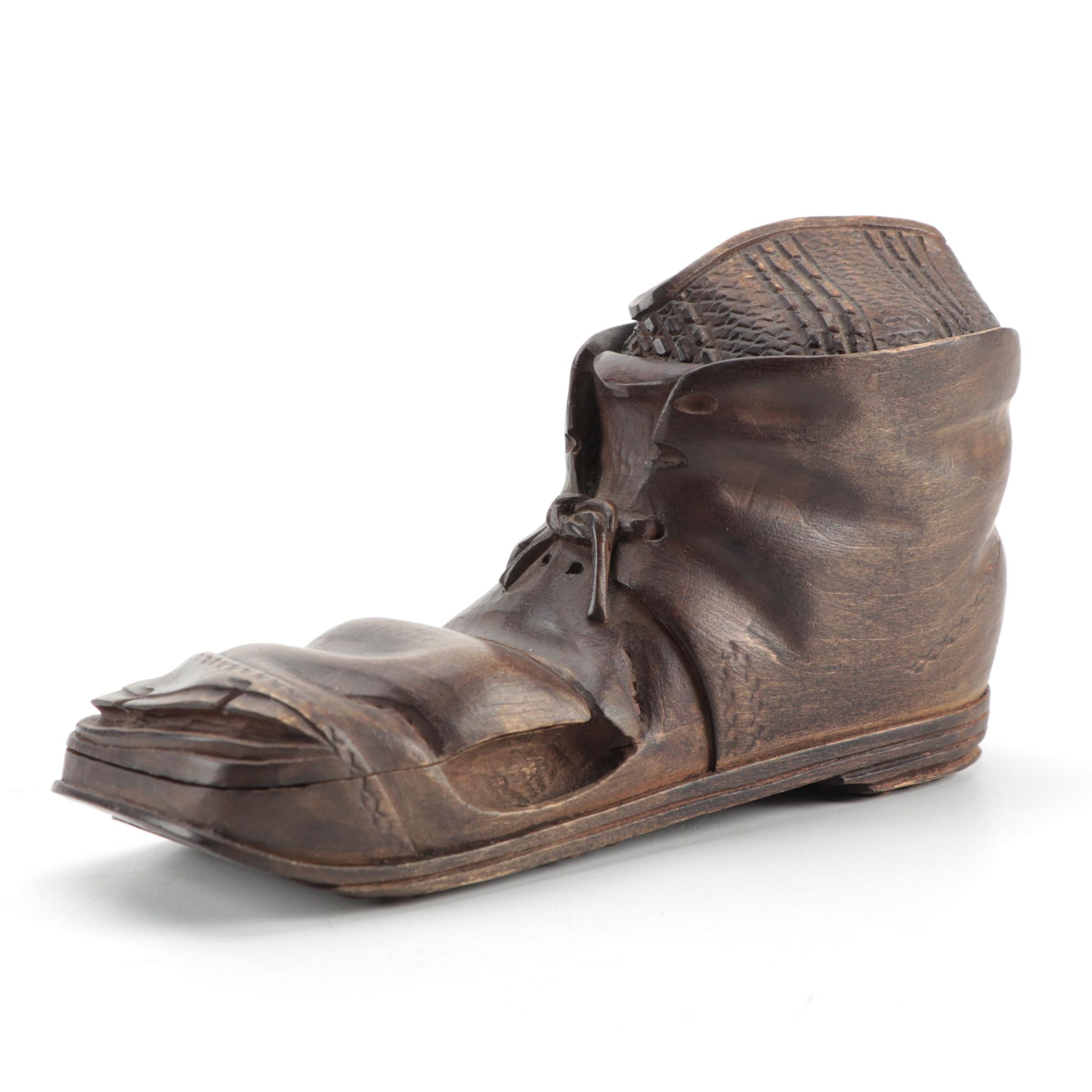 Black Forest Carved Walnut Tyrolean Boot Figural Inkwell, Late 19th Century