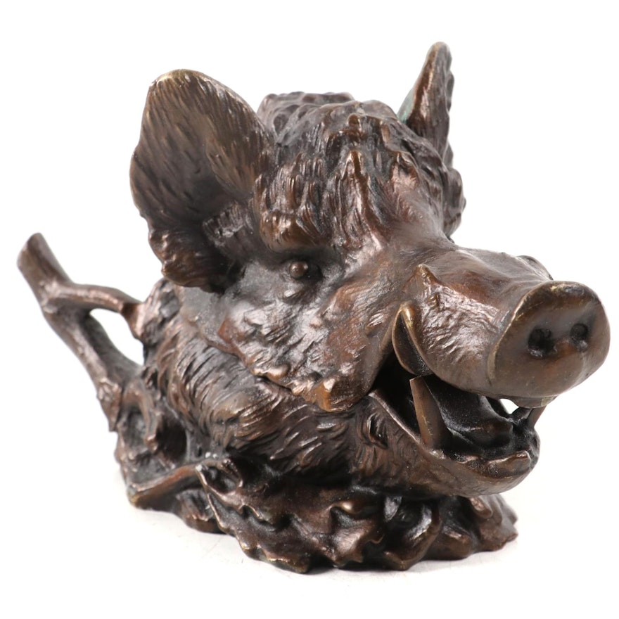 Vienna Bronze Boar's Head Inkwell, Late 19th Century