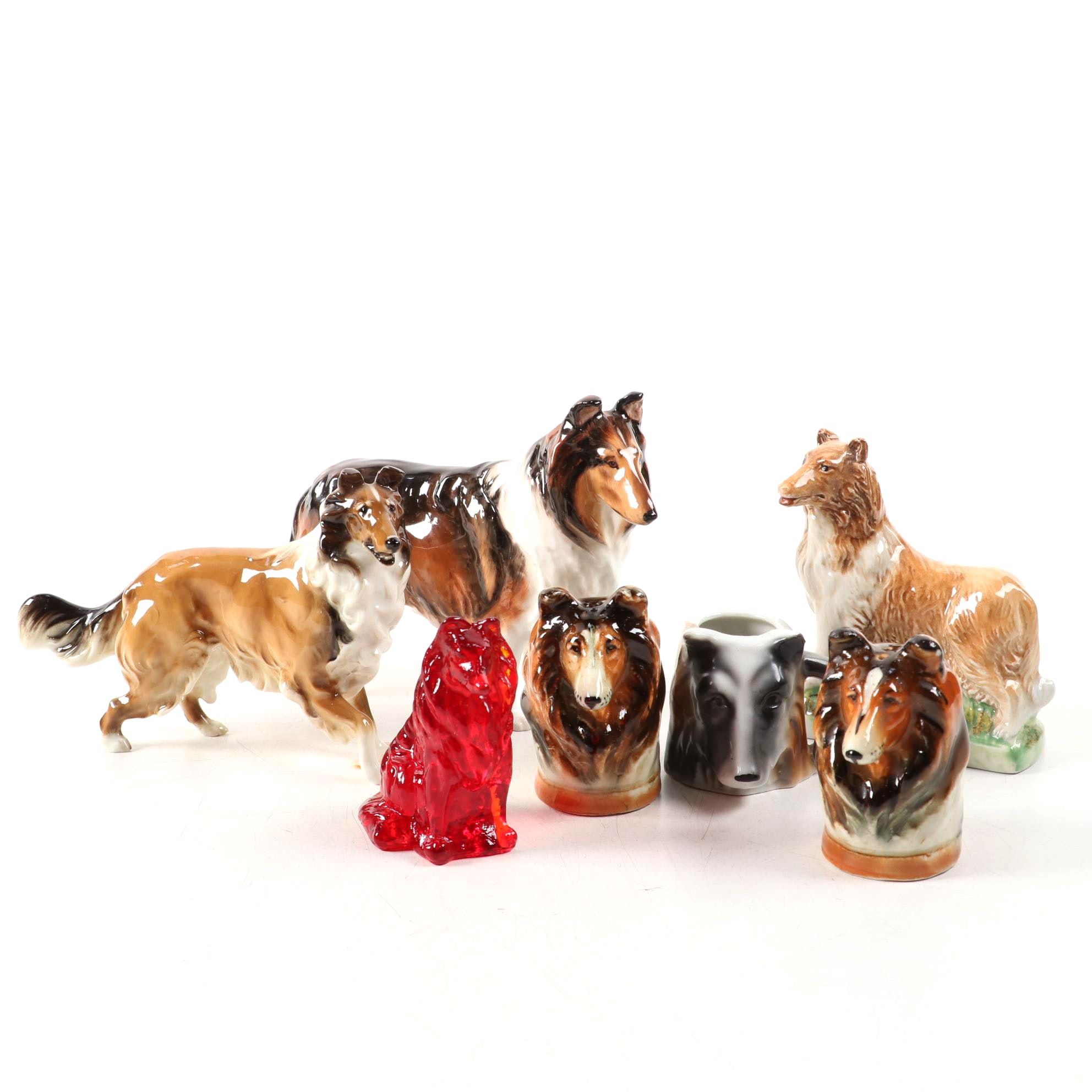 Royal Doulton Porcelain Collie with Decanter and Other Collie Accessories