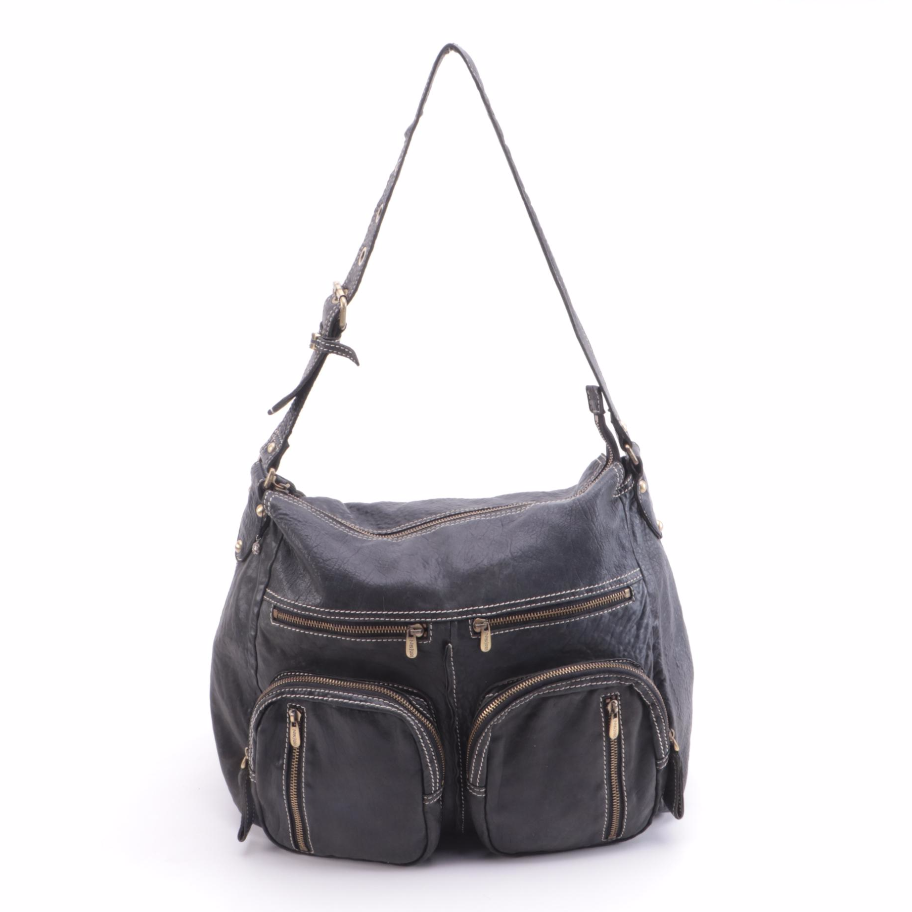 Niki Jodi Contrast Stitched Black Leather Messenger Style Shoulder Bag