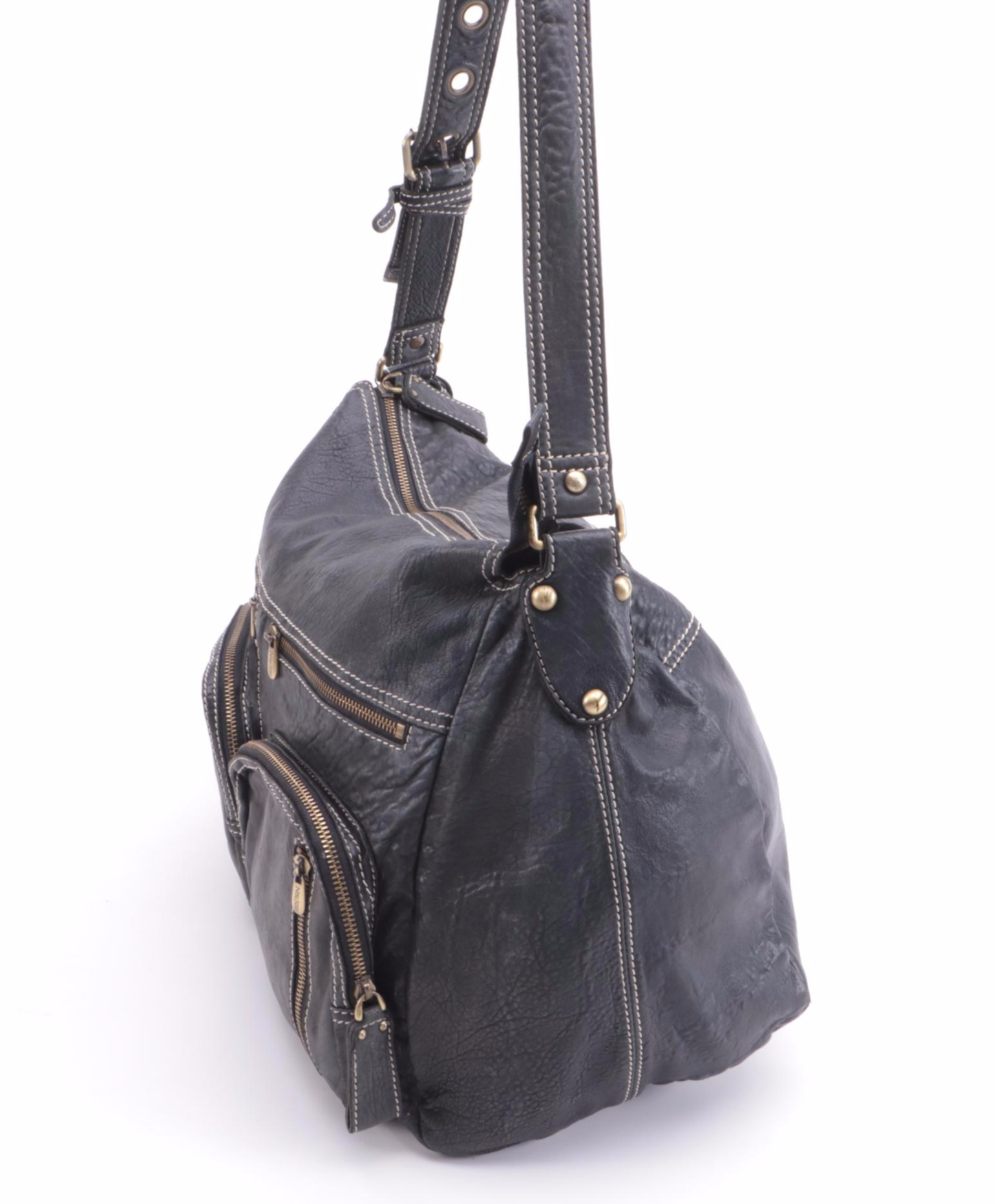 Niki Jodi Contrast Stitched Black Leather Messenger Style Shoulder Bag