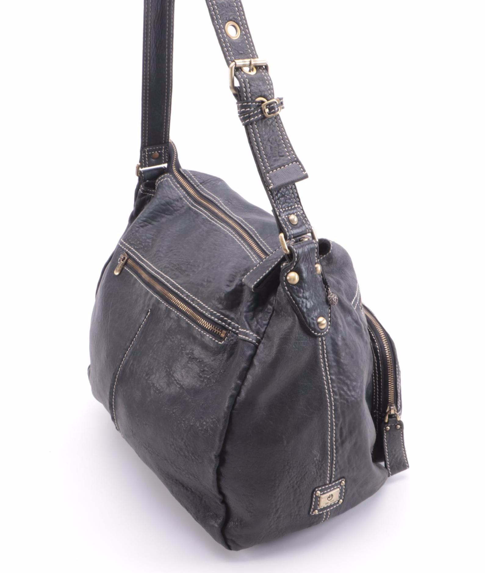 Niki Jodi Contrast Stitched Black Leather Messenger Style Shoulder Bag