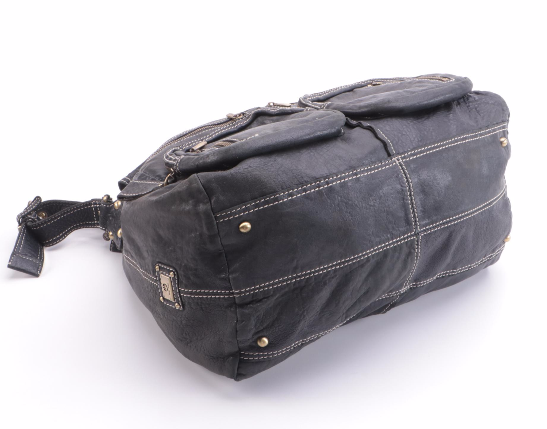 Niki Jodi Contrast Stitched Black Leather Messenger Style Shoulder Bag