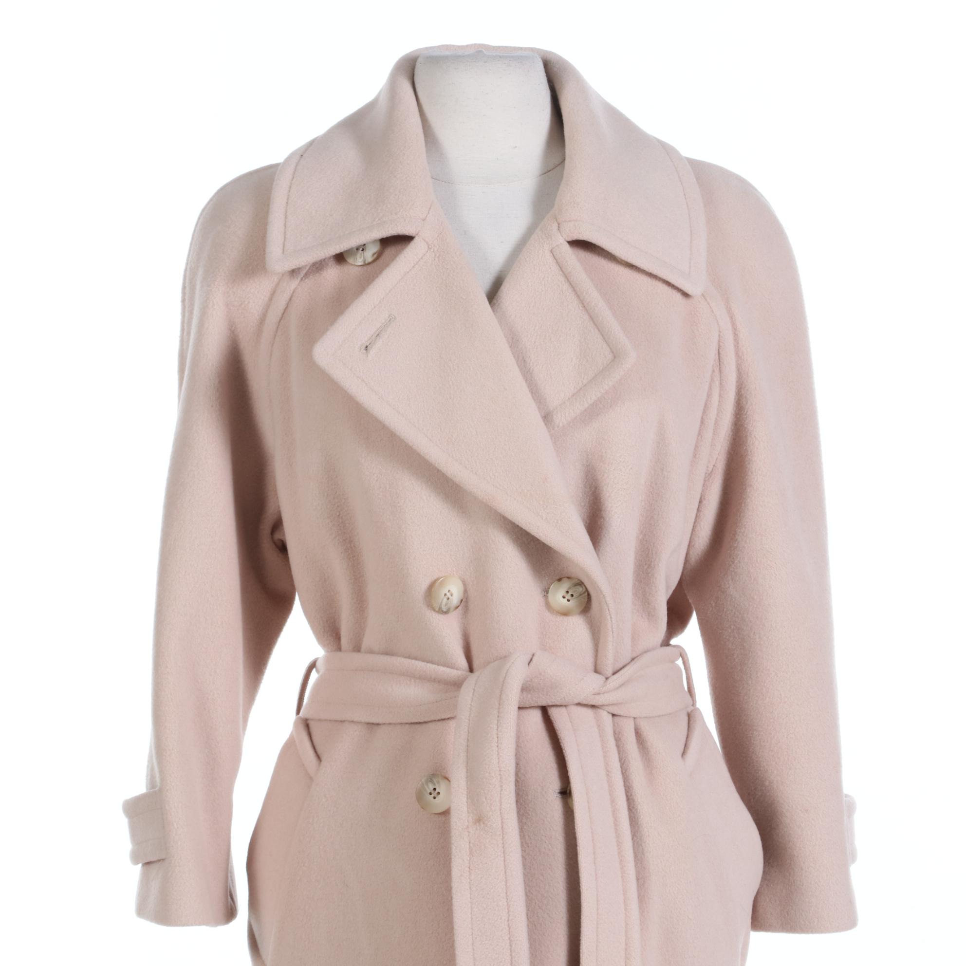 Neiman Marcus Regency Cashmere Double-Breasted Coat in Beige with Tie Belt