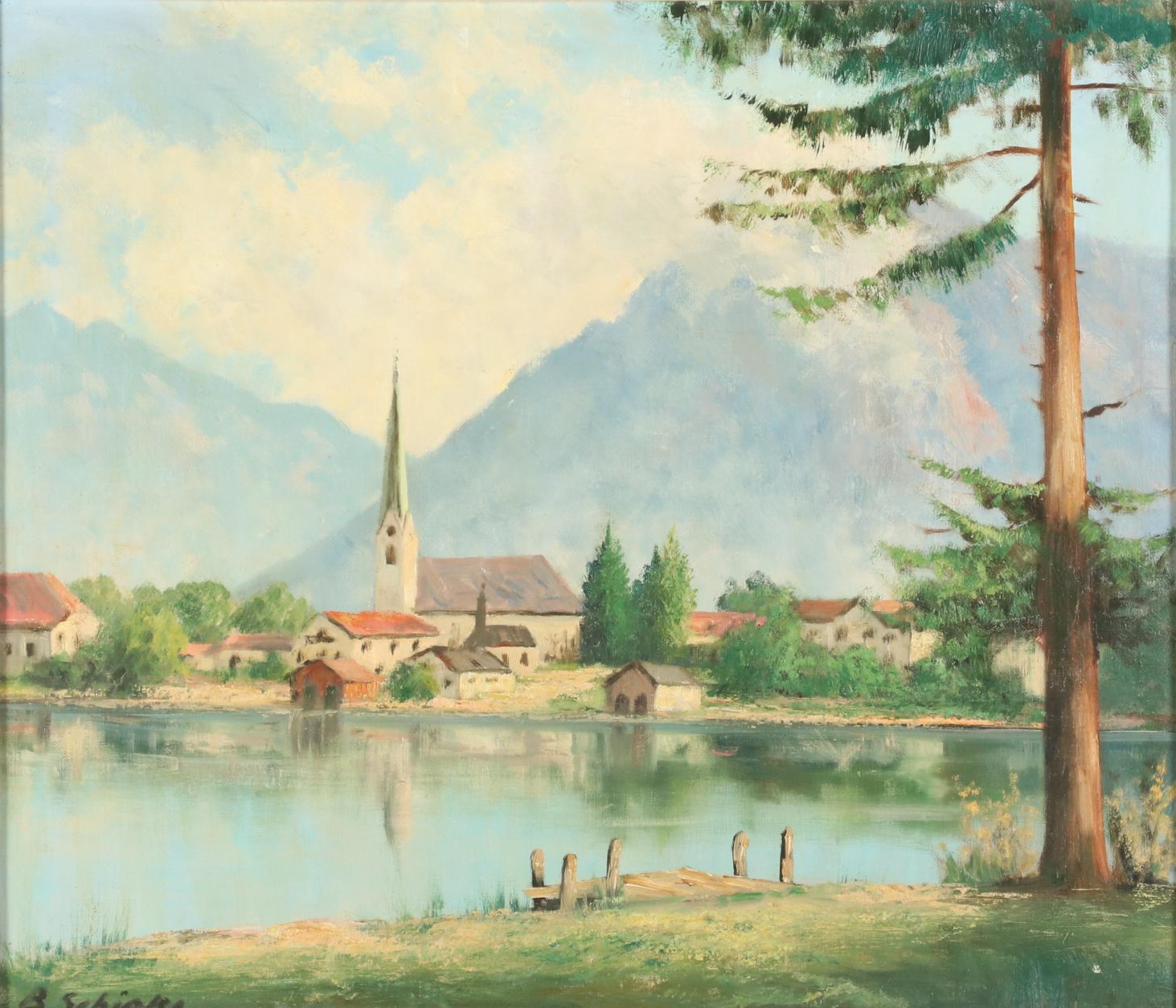 European Oil Painting of Alpine Lakeside Village, Mid-Late 20th Century