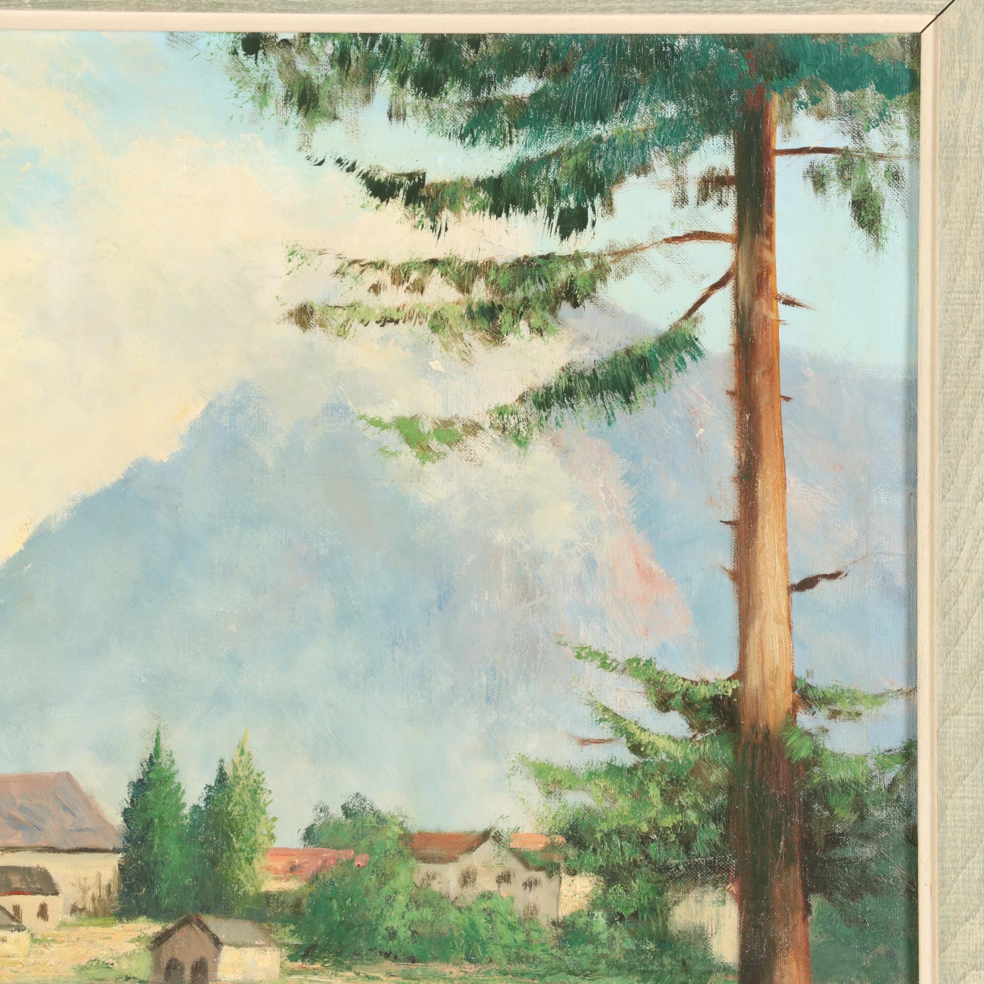 European Oil Painting of Alpine Lakeside Village, Mid-Late 20th Century