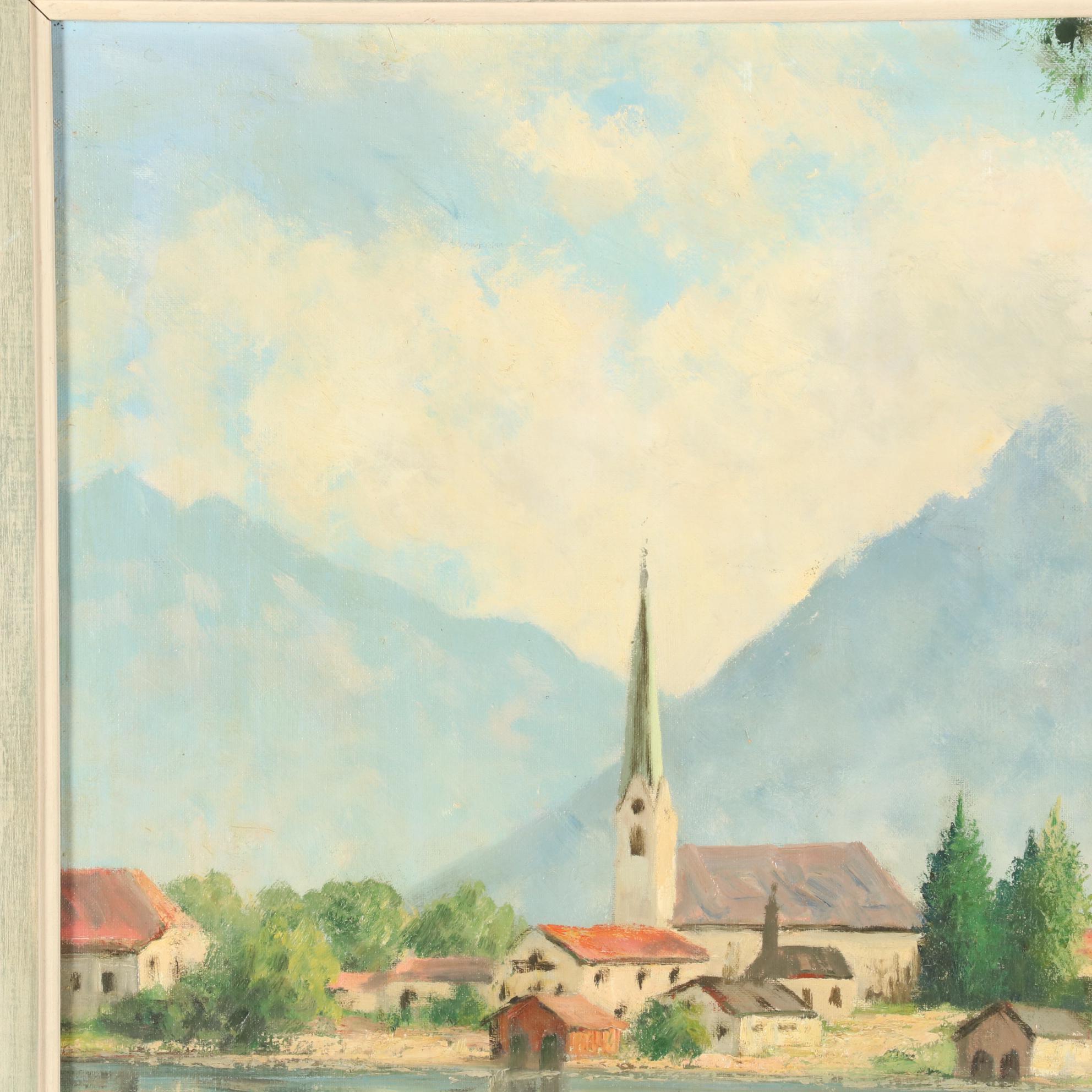 European Oil Painting of Alpine Lakeside Village, Mid-Late 20th Century