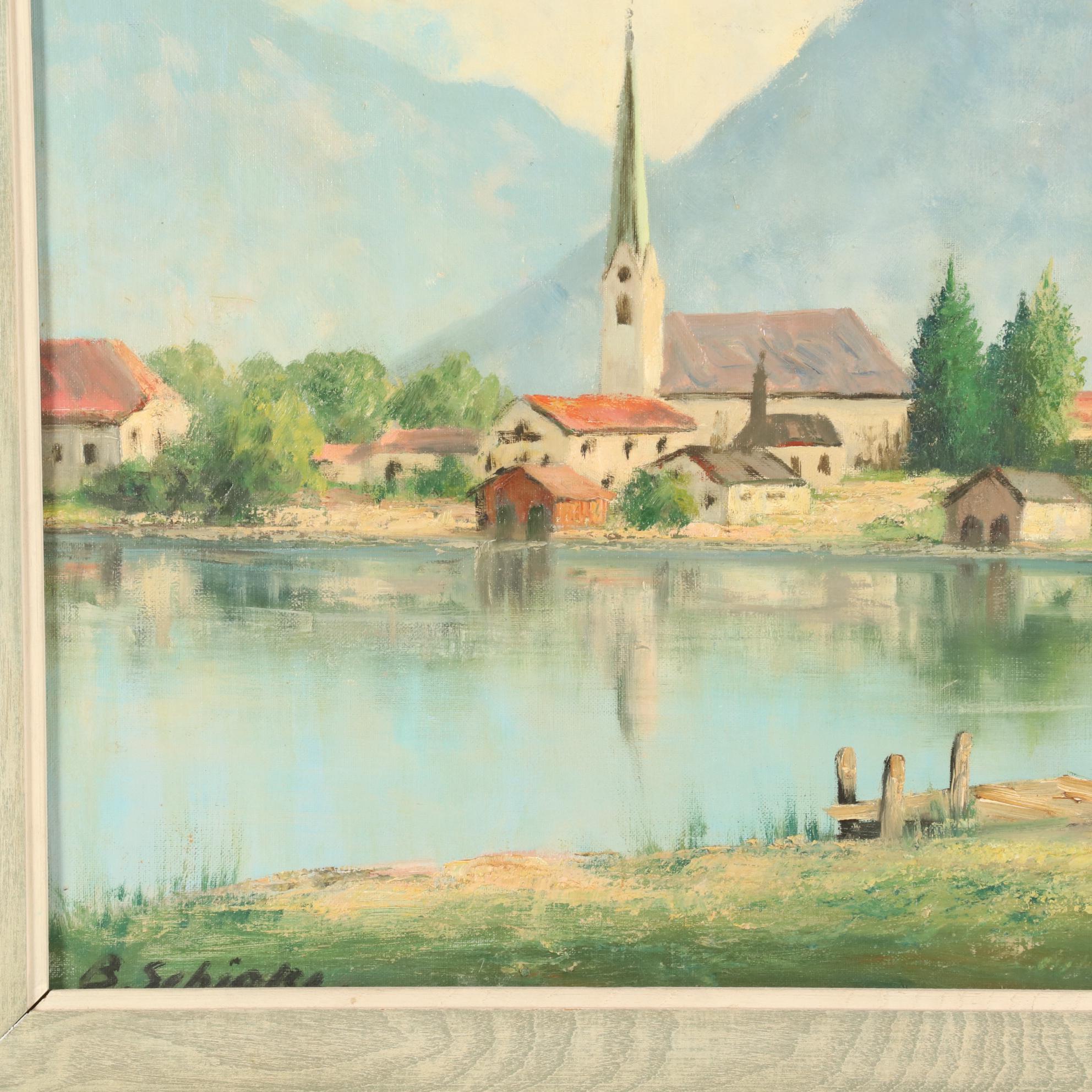 European Oil Painting of Alpine Lakeside Village, Mid-Late 20th Century