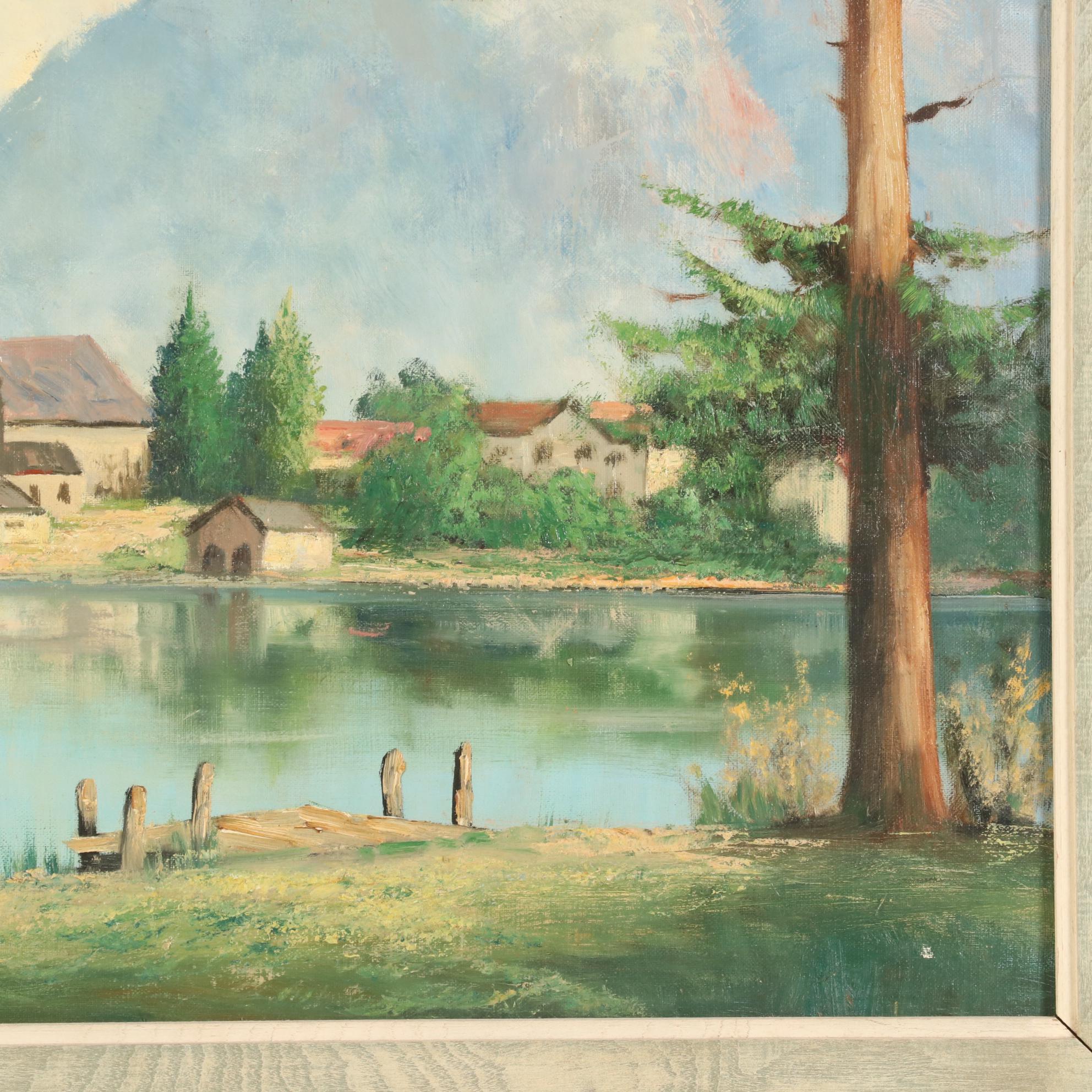 European Oil Painting of Alpine Lakeside Village, Mid-Late 20th Century