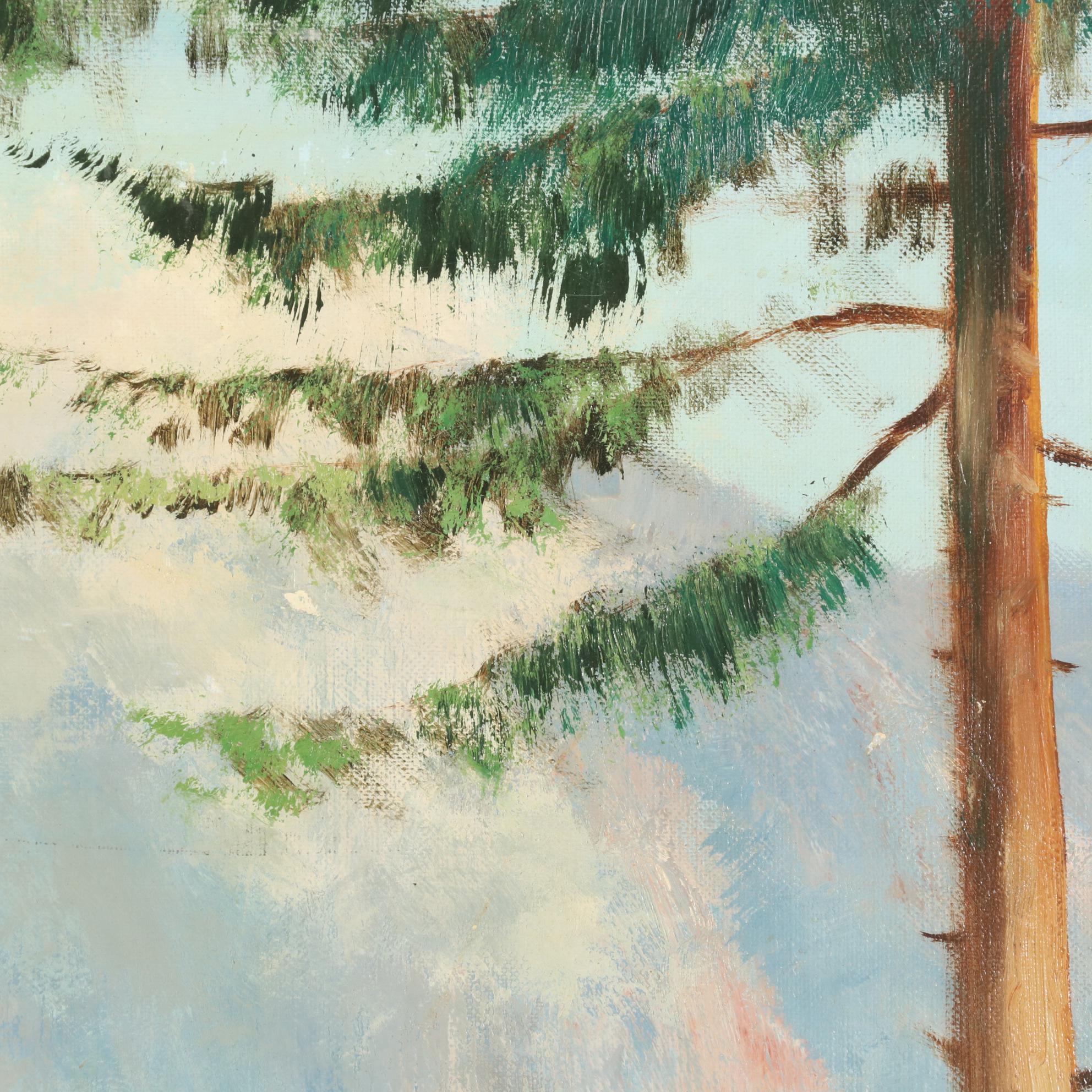 European Oil Painting of Alpine Lakeside Village, Mid-Late 20th Century