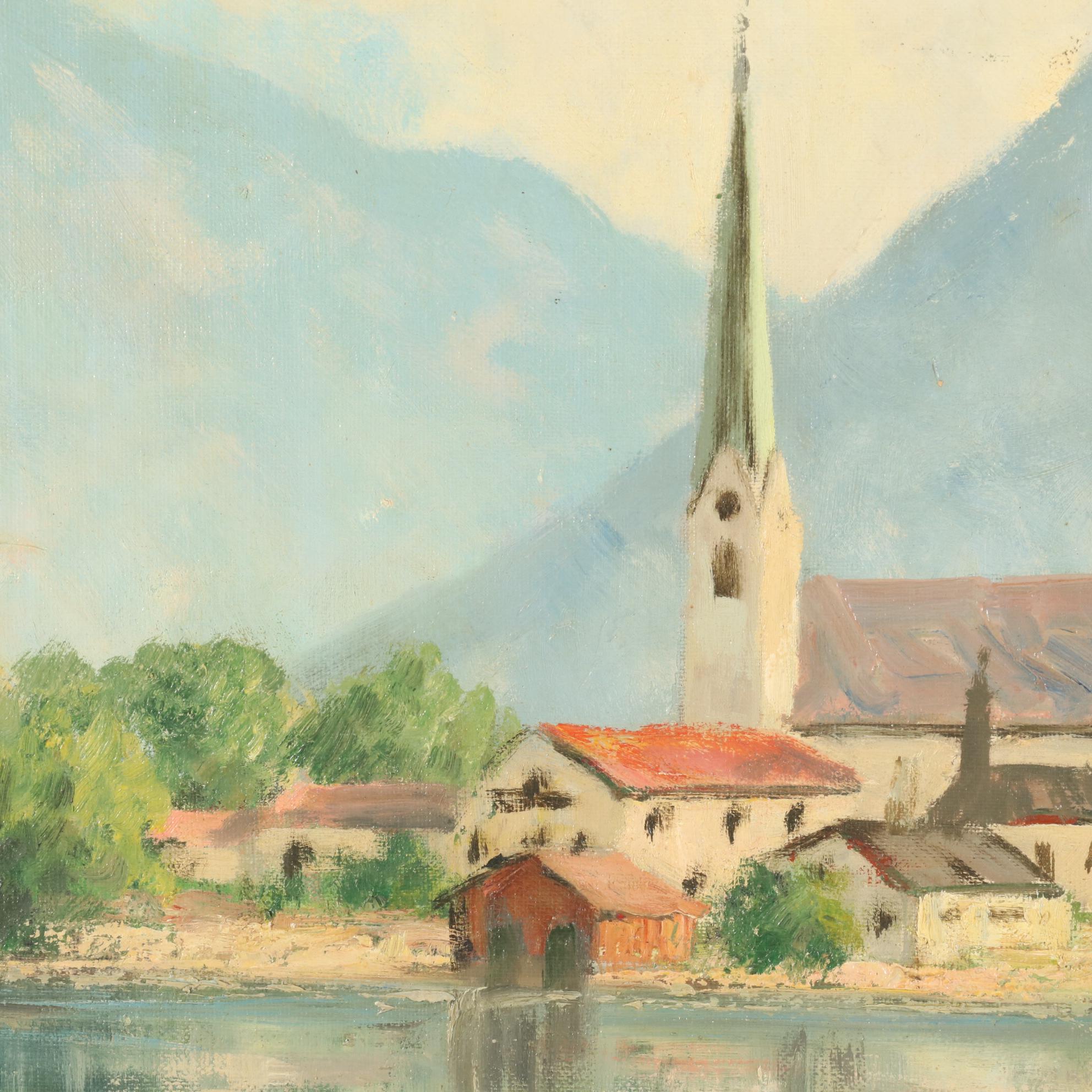 European Oil Painting of Alpine Lakeside Village, Mid-Late 20th Century