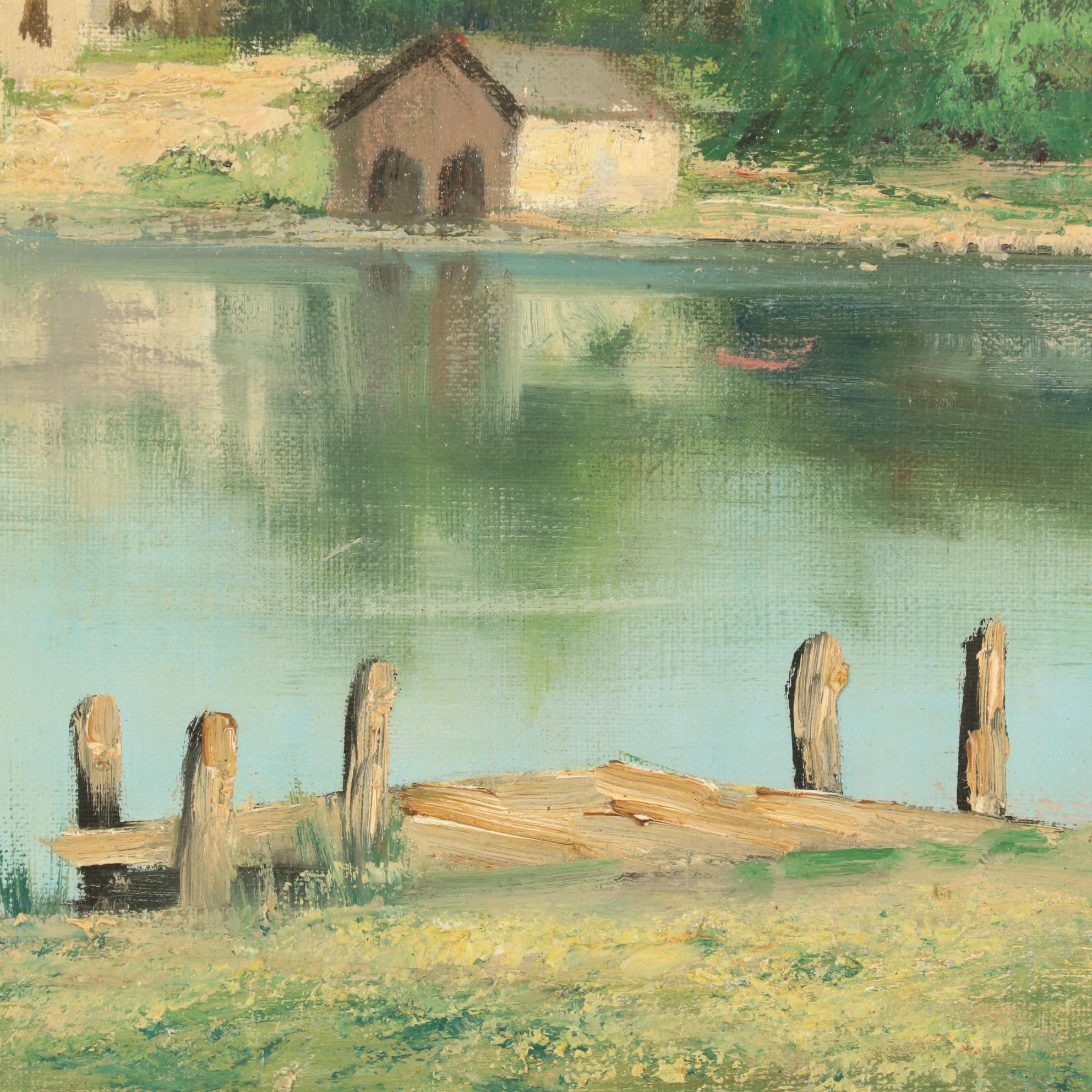 European Oil Painting of Alpine Lakeside Village, Mid-Late 20th Century