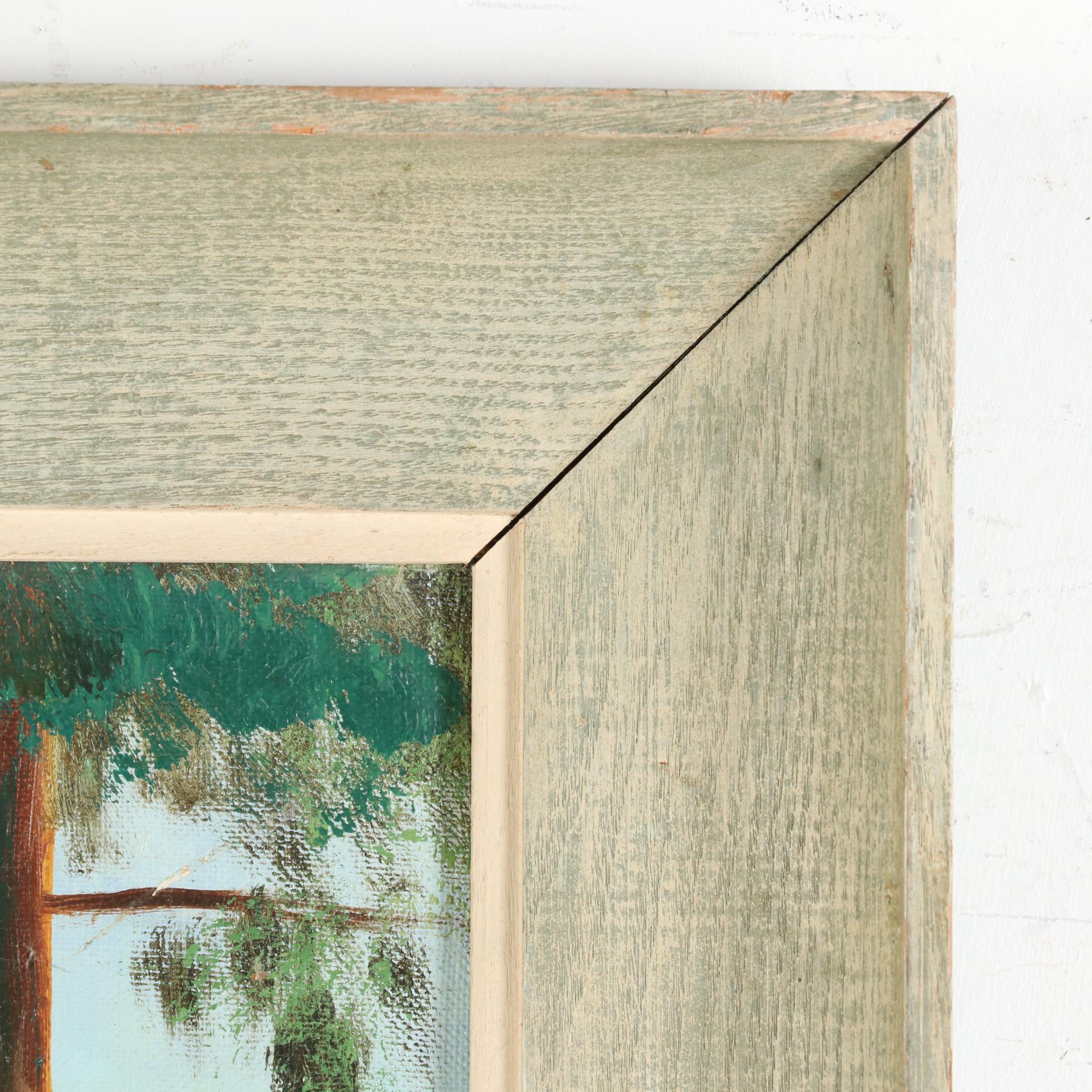 European Oil Painting of Alpine Lakeside Village, Mid-Late 20th Century