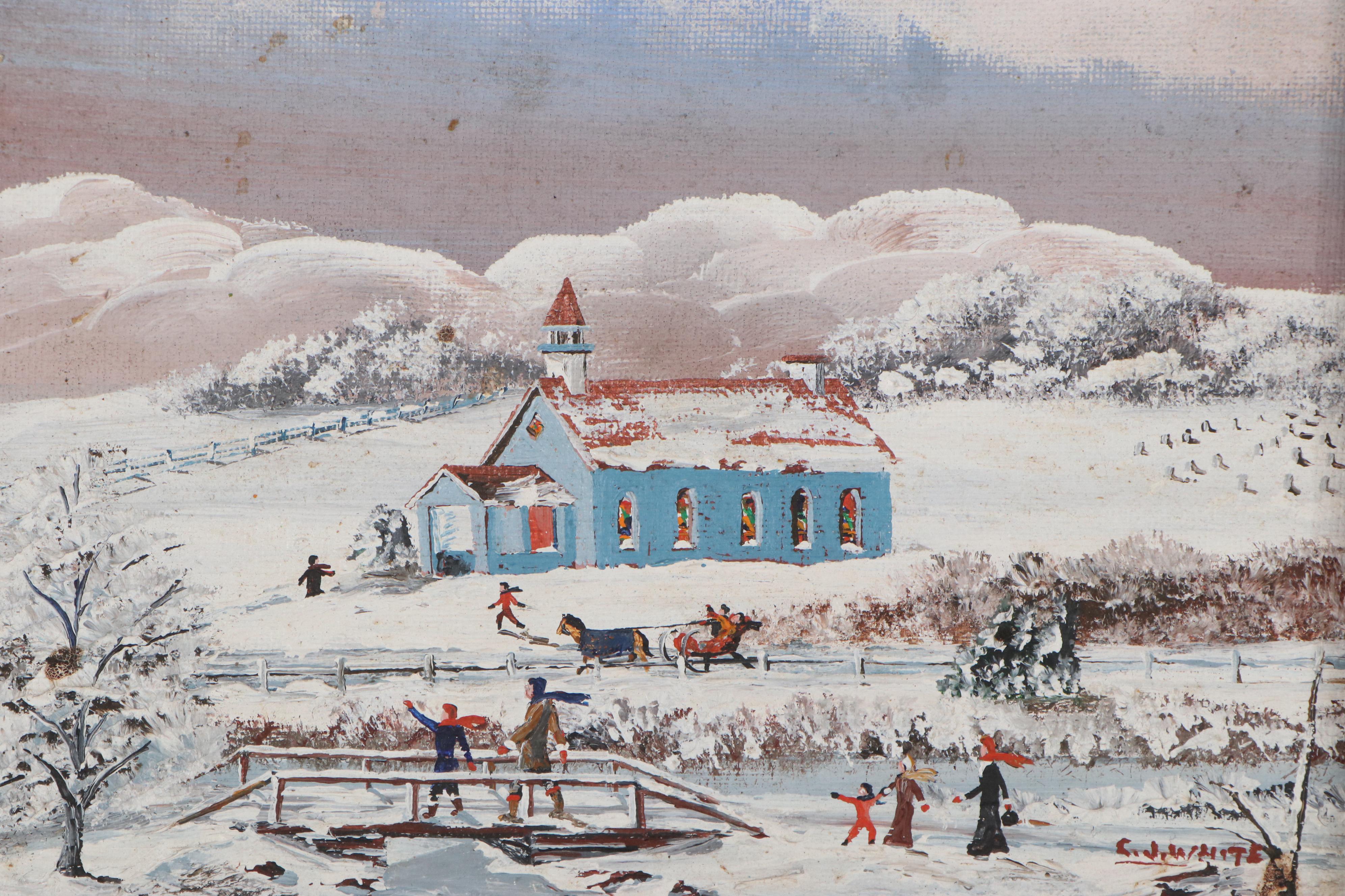 Charles J. White Folk Art Oil Painting of a Snow Covered Landscape,