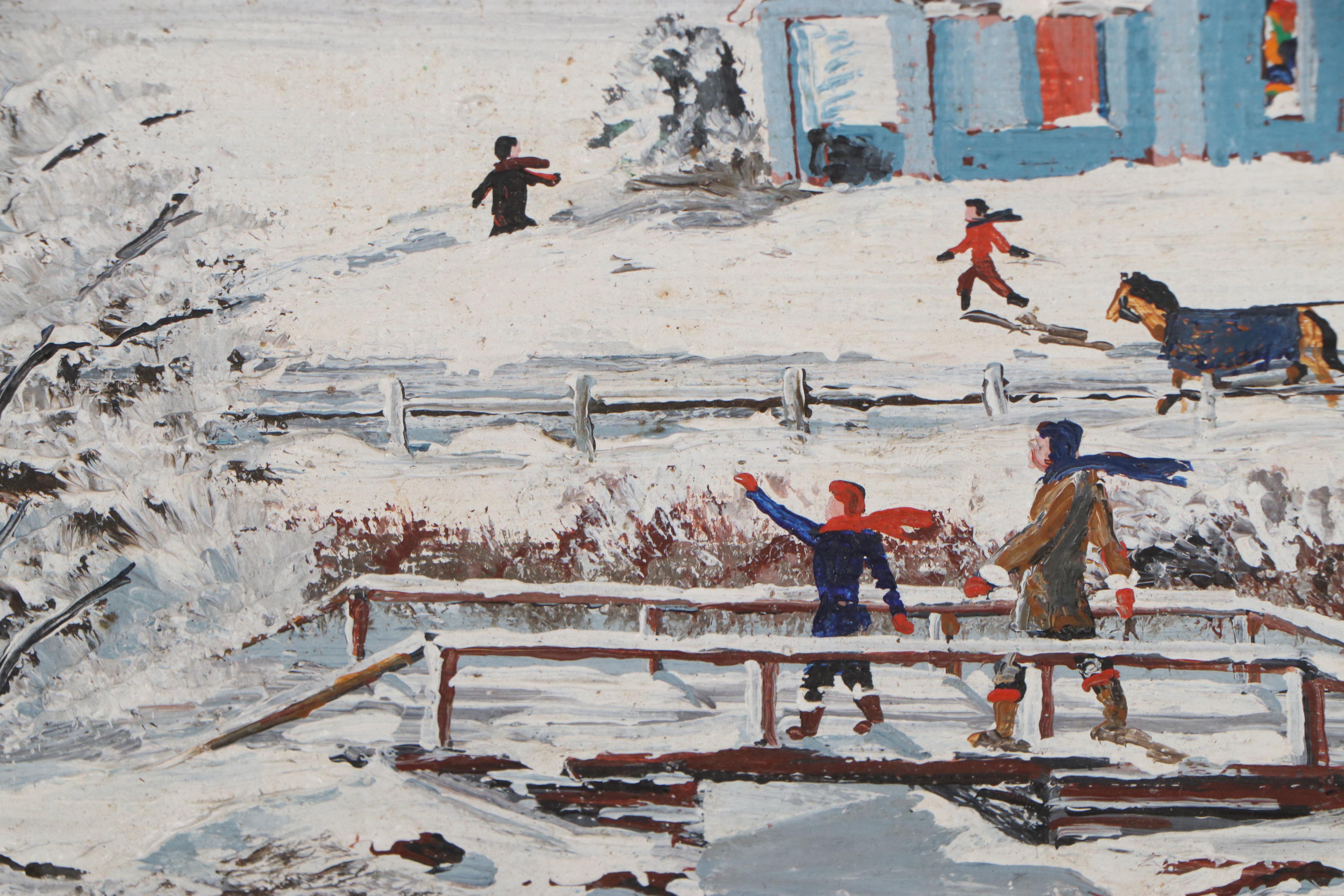 Charles J. White Folk Art Oil Painting of a Snow Covered Landscape,