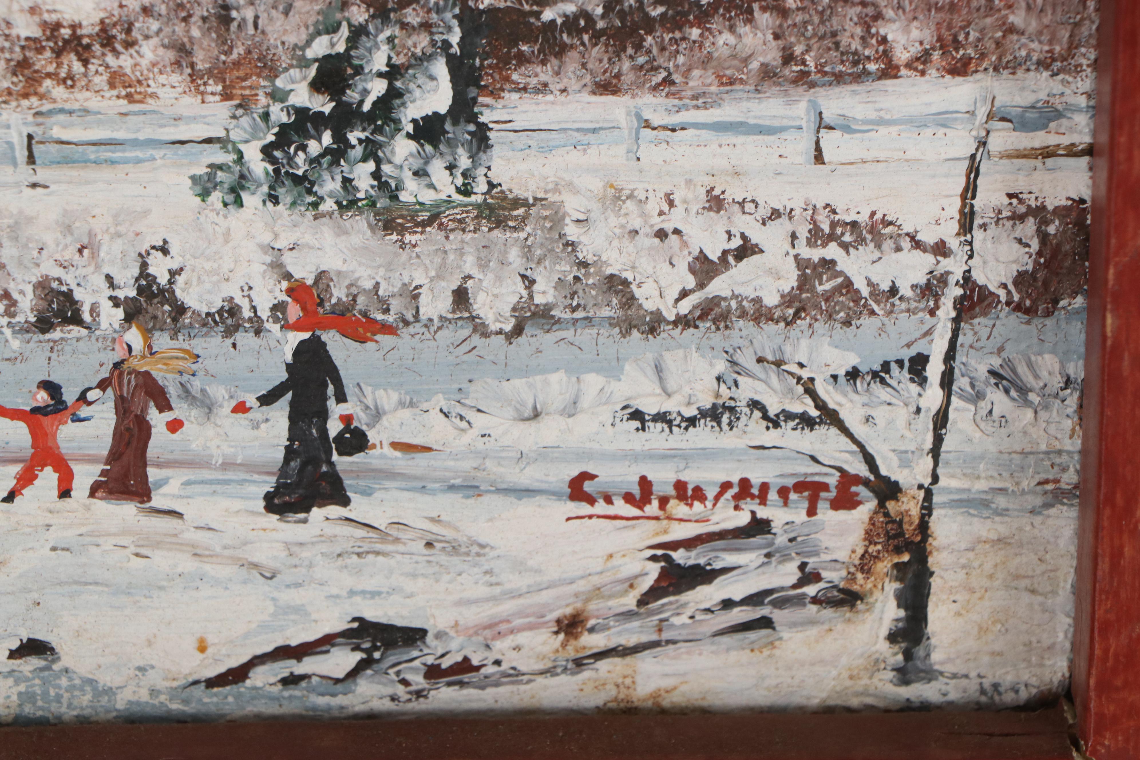 Charles J. White Folk Art Oil Painting of a Snow Covered Landscape,