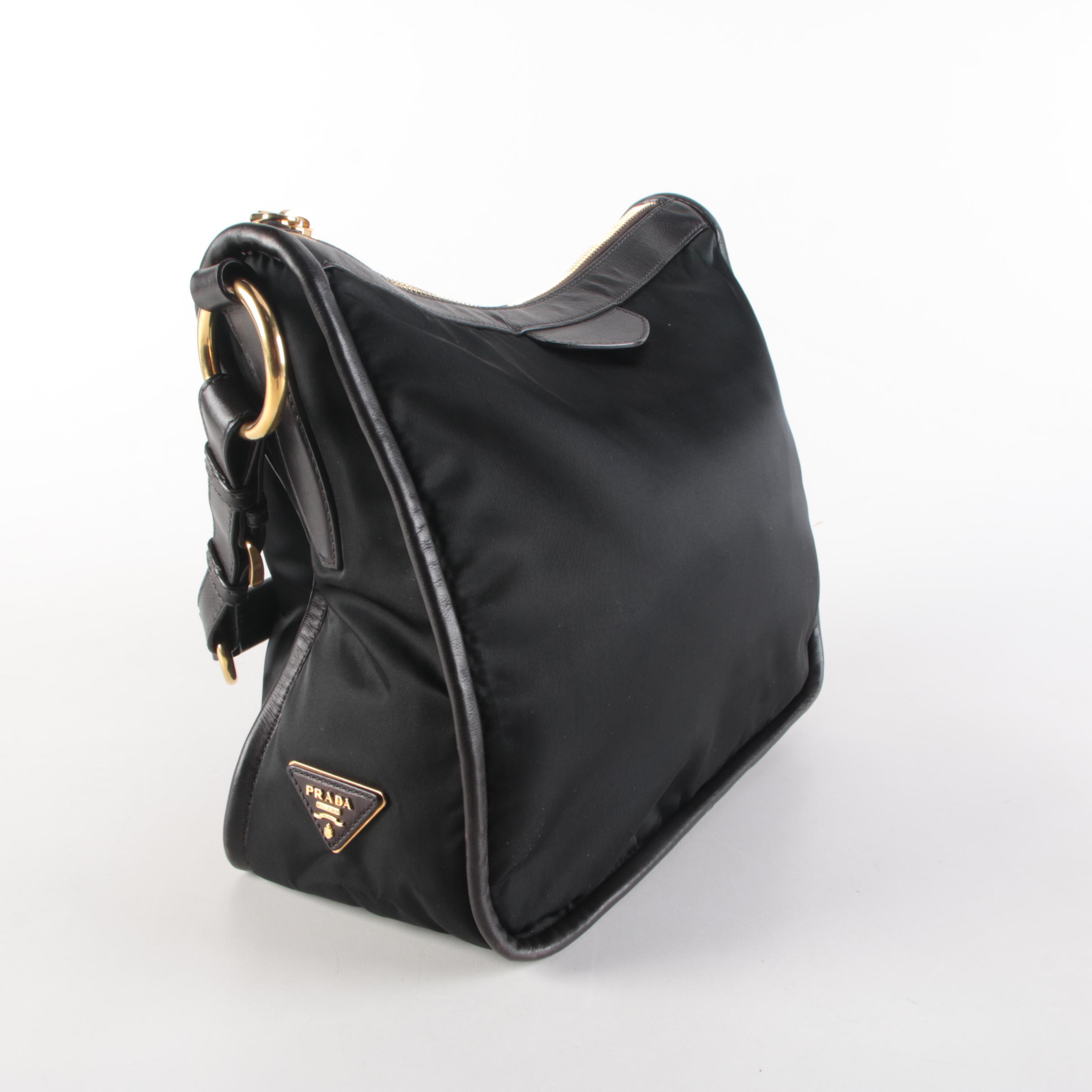 Prada Tessuto Shoulder Bag in Black Nylon and Dark Brown Leather Trim