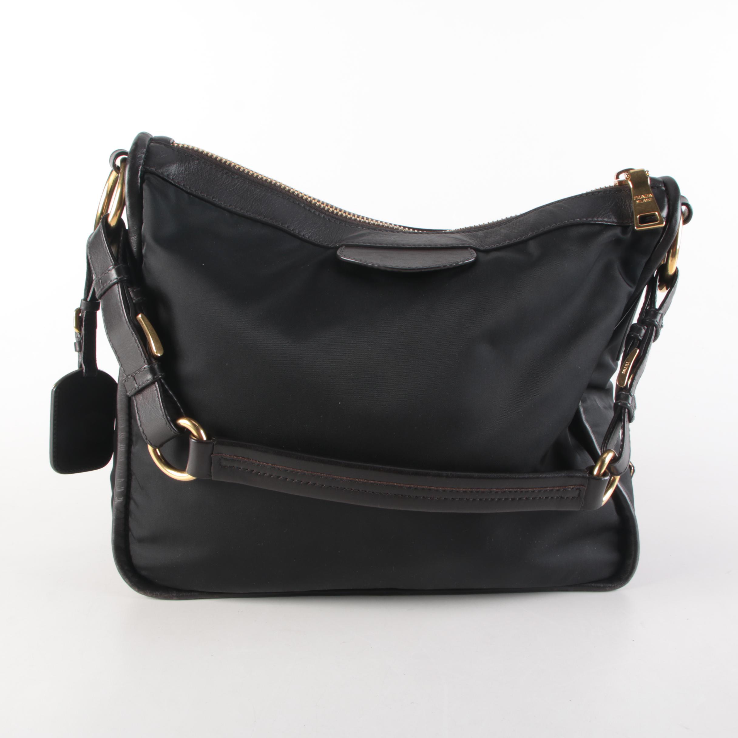 Prada Tessuto Shoulder Bag in Black Nylon and Dark Brown Leather Trim