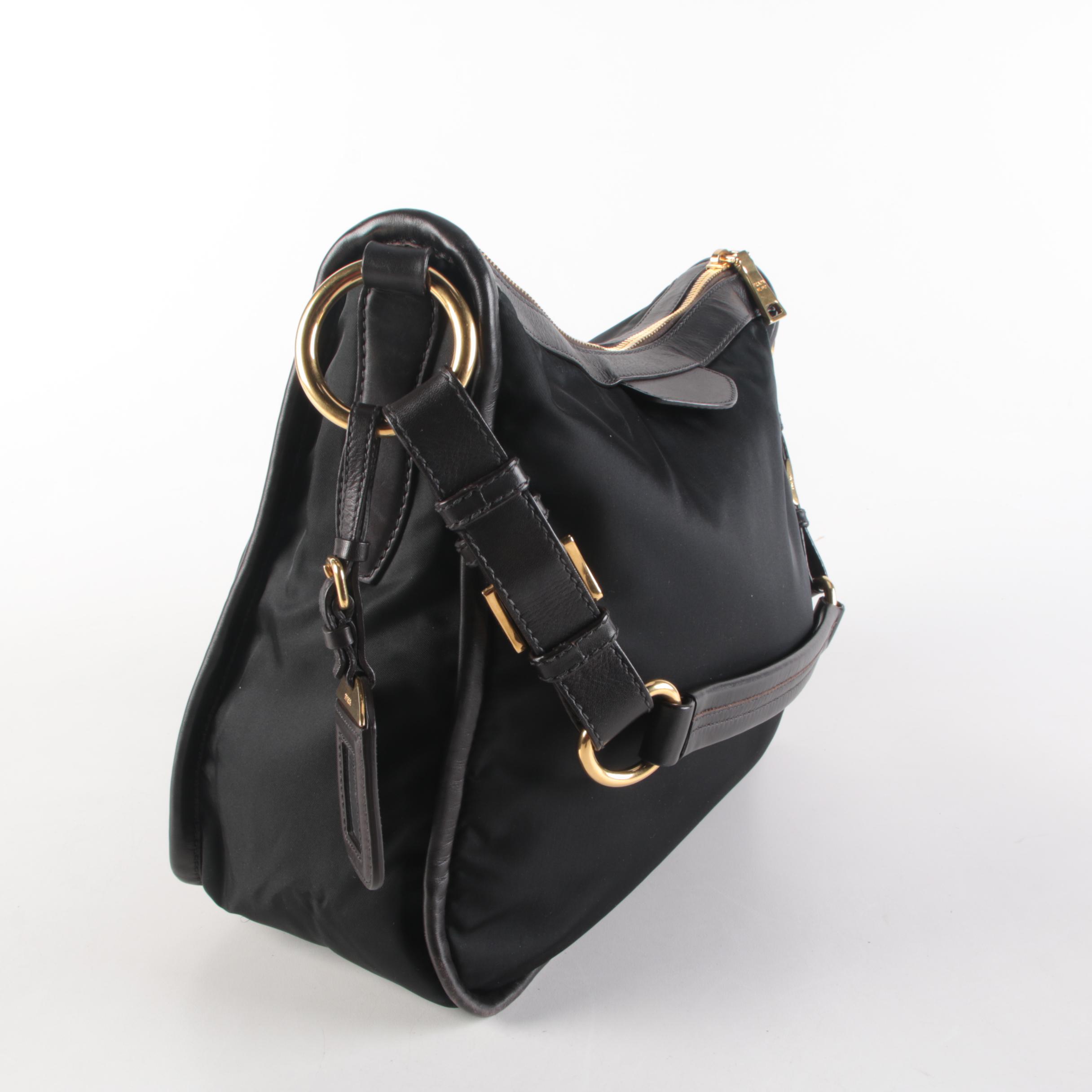 Prada Tessuto Shoulder Bag in Black Nylon and Dark Brown Leather Trim