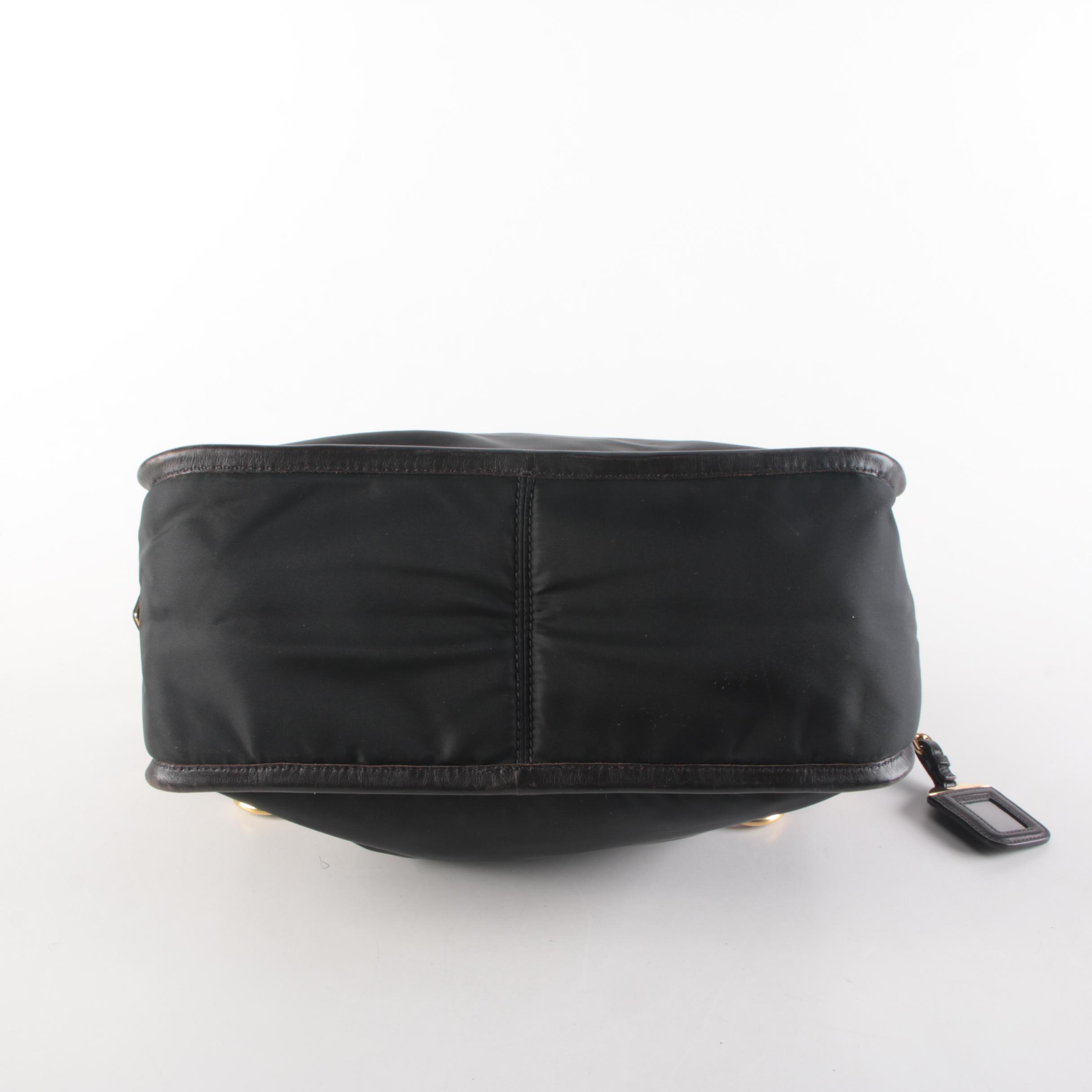 Prada Tessuto Shoulder Bag in Black Nylon and Dark Brown Leather Trim