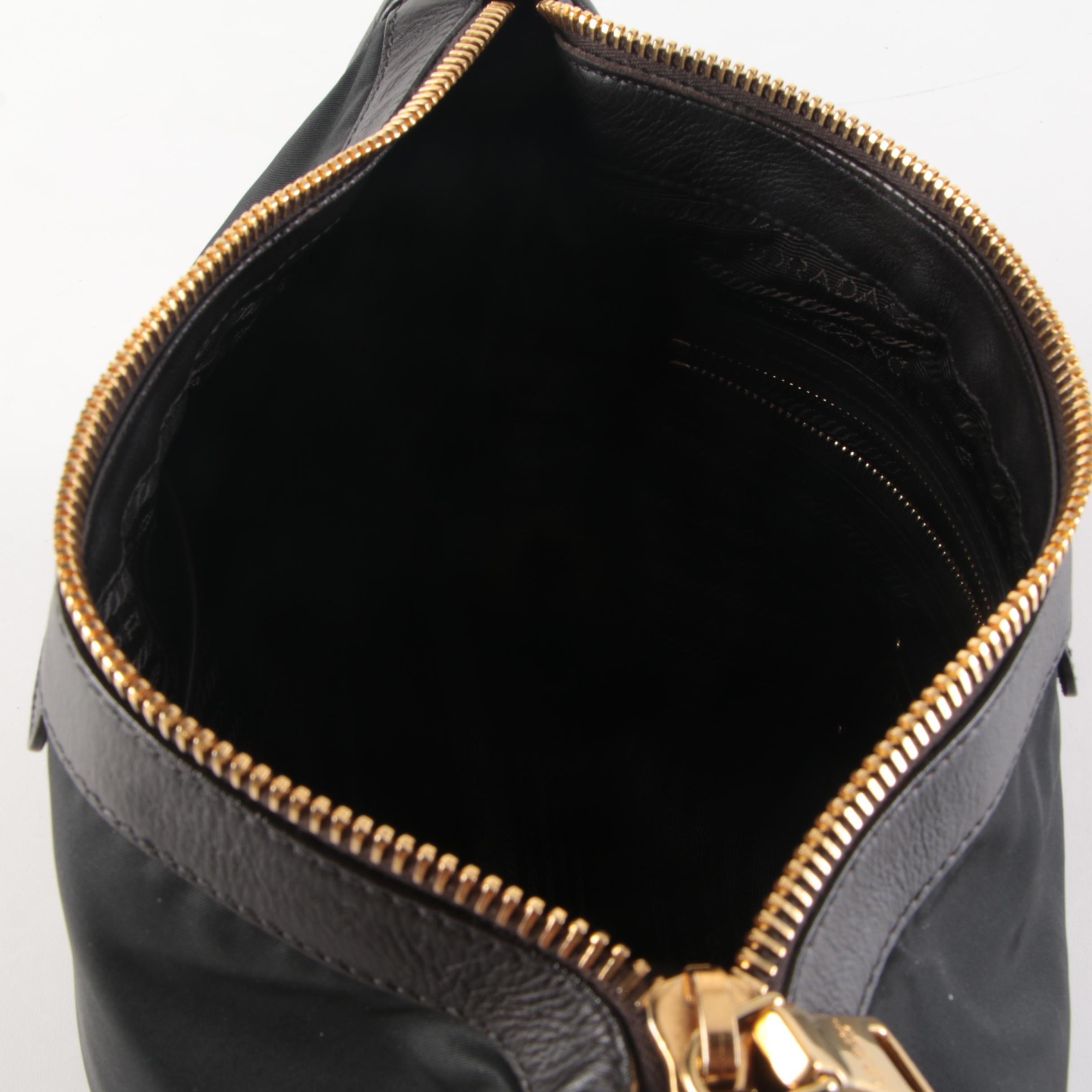 Prada Tessuto Shoulder Bag in Black Nylon and Dark Brown Leather Trim