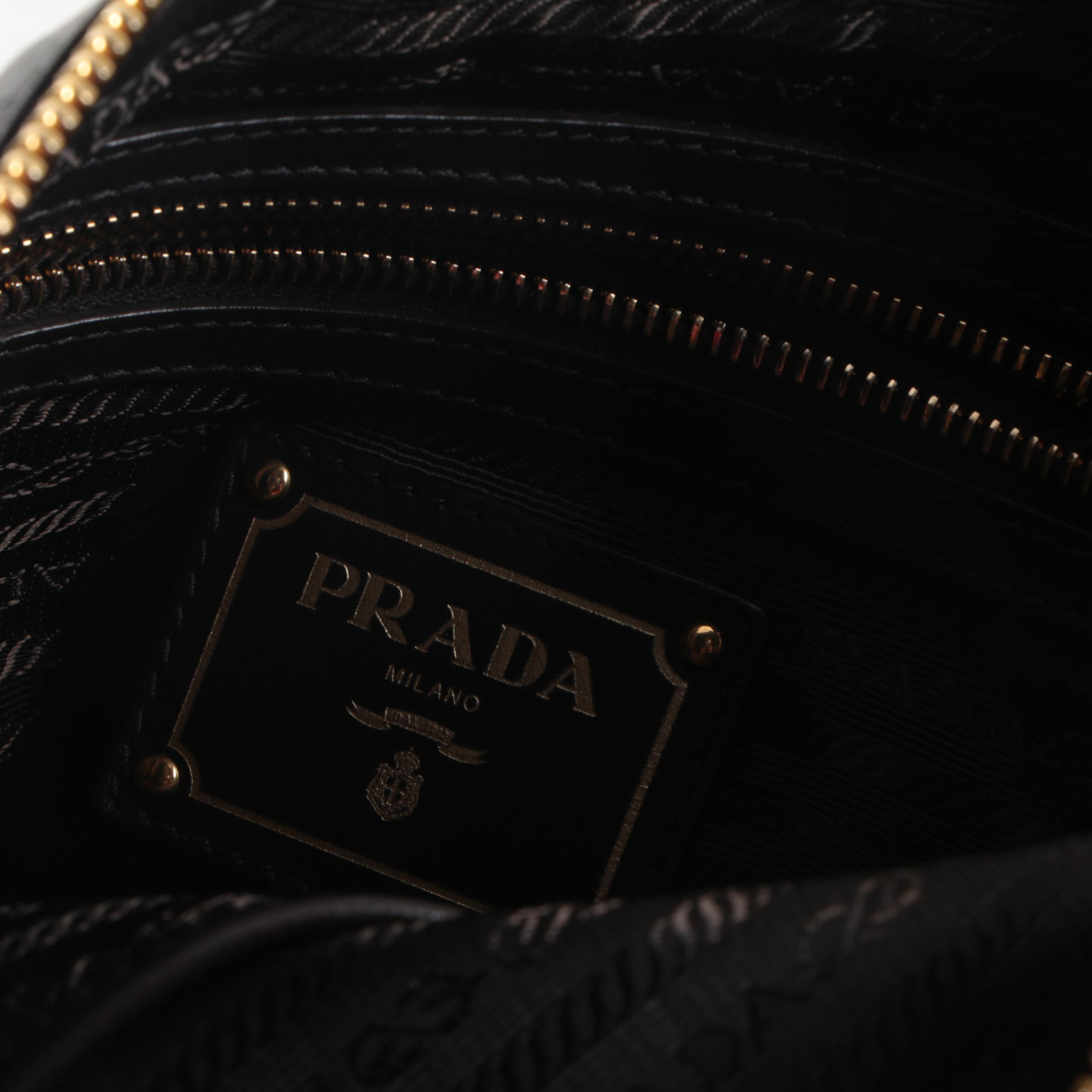 Prada Tessuto Shoulder Bag in Black Nylon and Dark Brown Leather Trim
