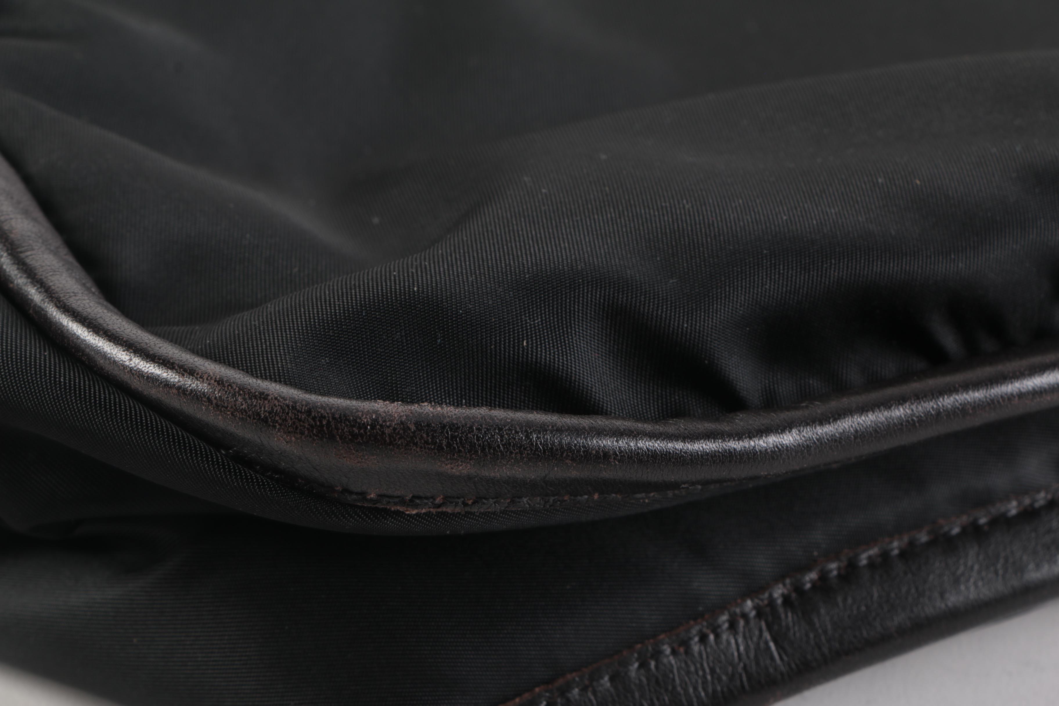 Prada Tessuto Shoulder Bag in Black Nylon and Dark Brown Leather Trim