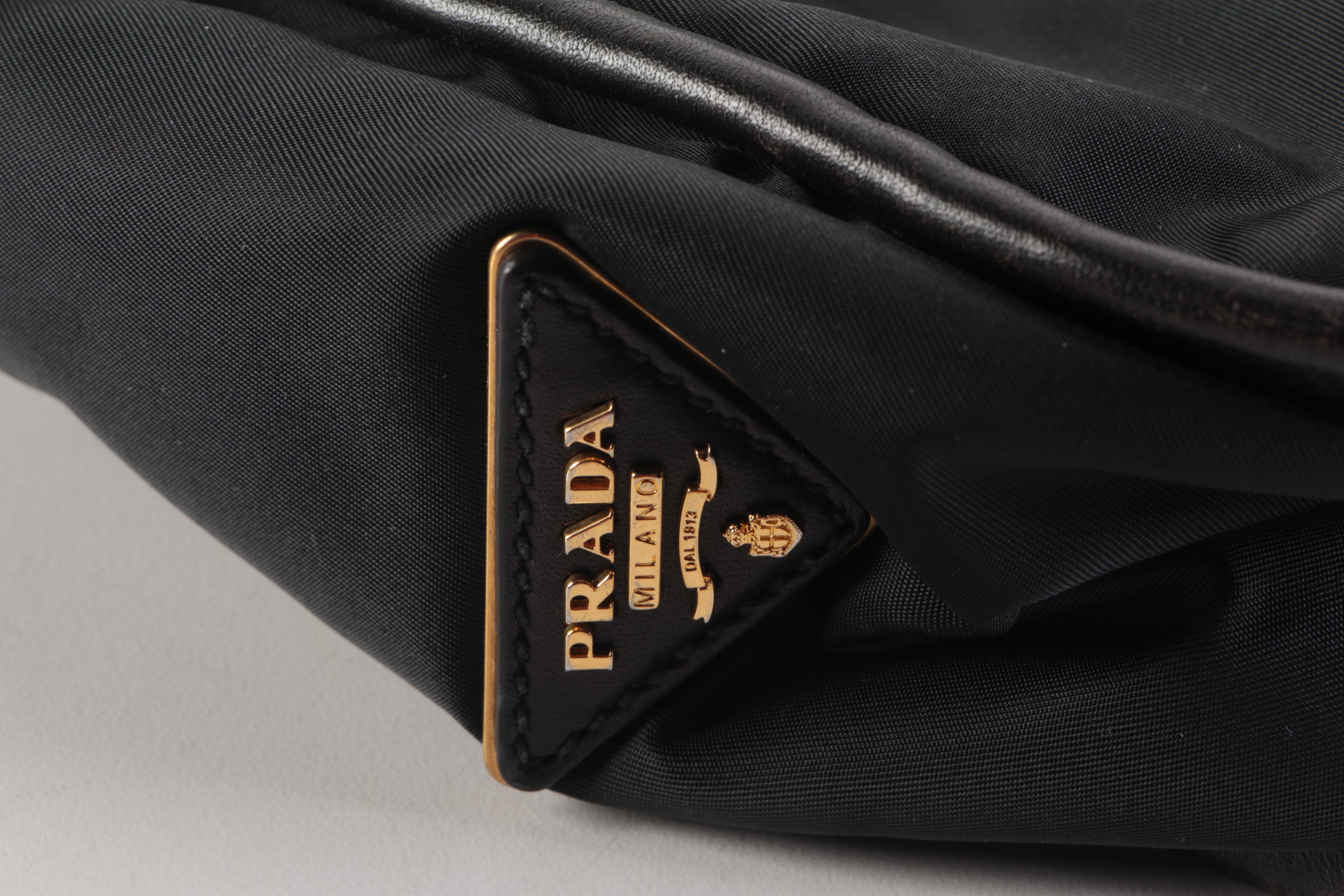 Prada Tessuto Shoulder Bag in Black Nylon and Dark Brown Leather Trim