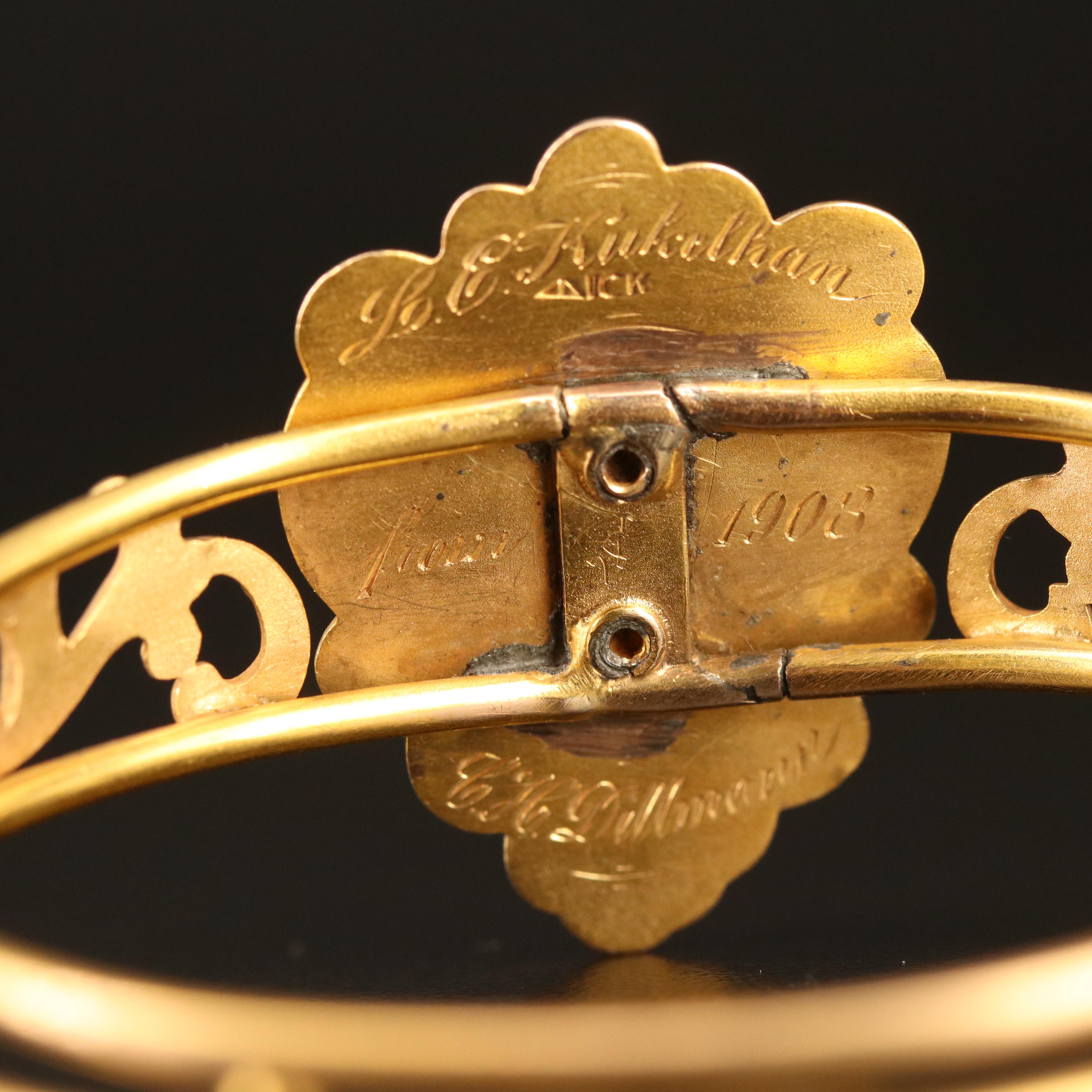 Antique 10K Sapphire and Glass Hinged Lion Bangle with Scroll Pattern