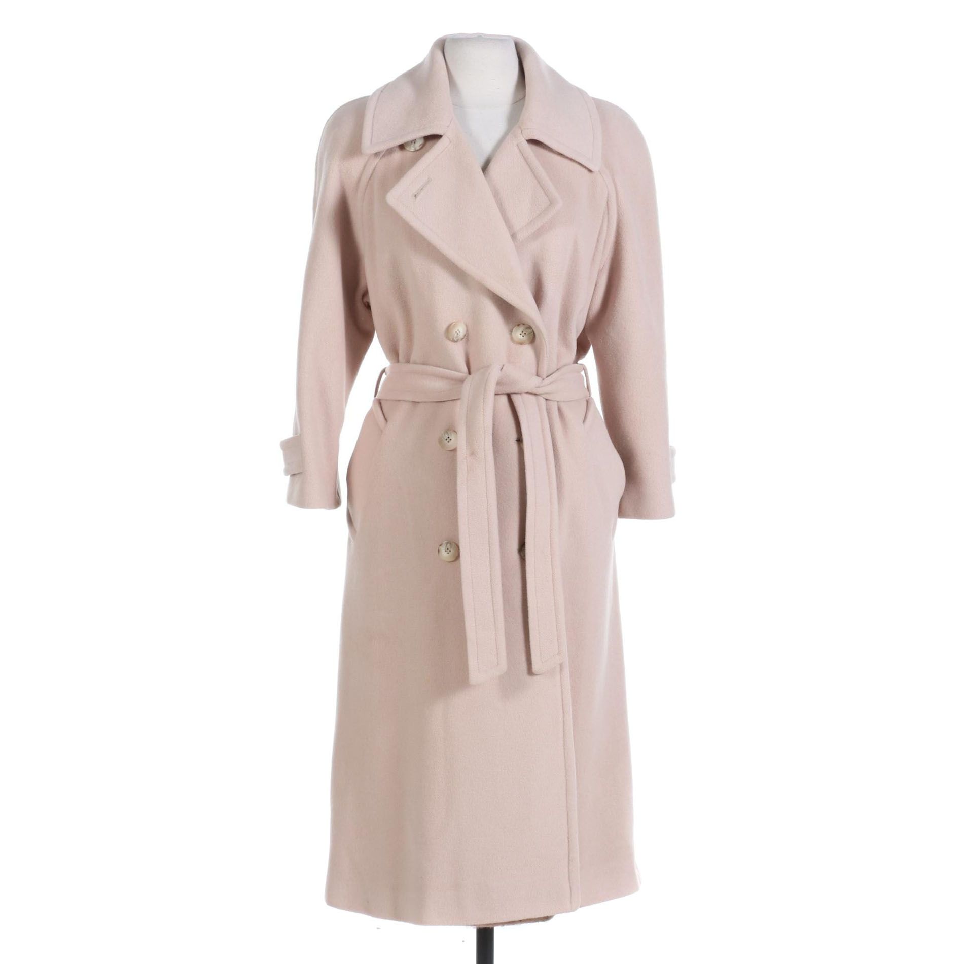 Neiman Marcus Regency Cashmere Double-Breasted Coat in Beige with Tie Belt