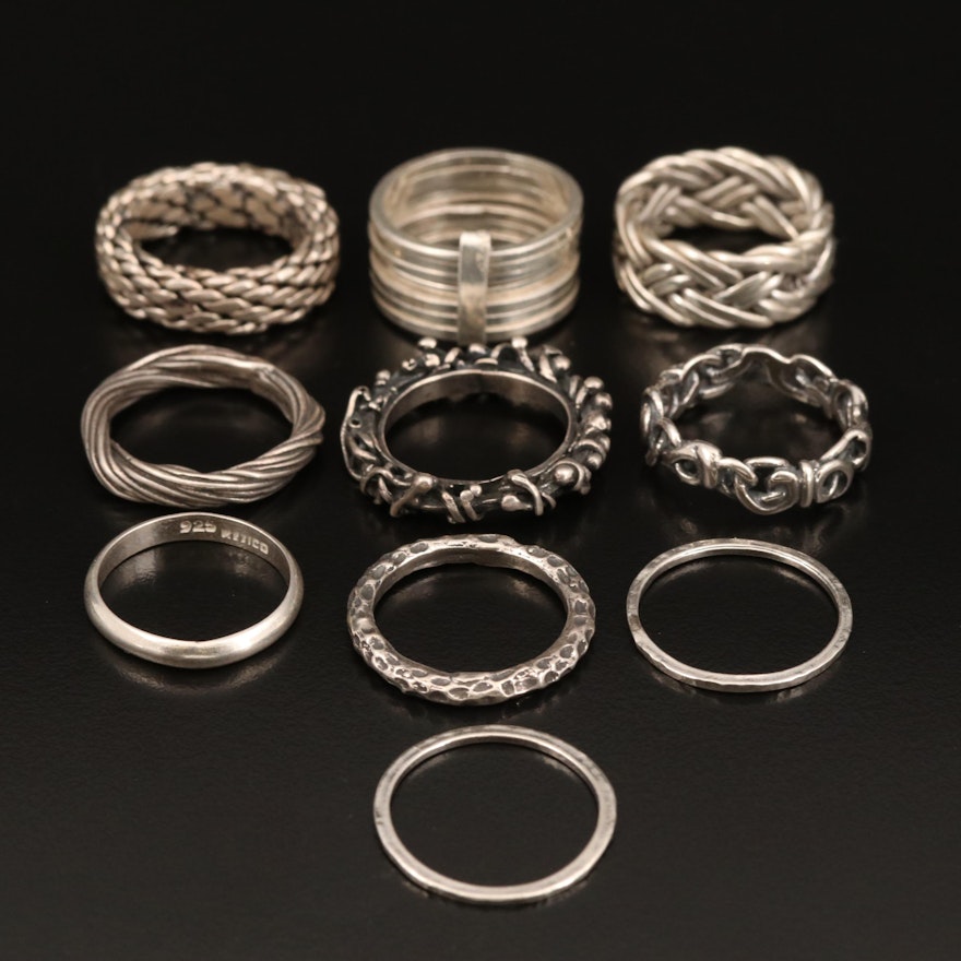 Sterling Stackable Bands Including Mexican Semanario Ring