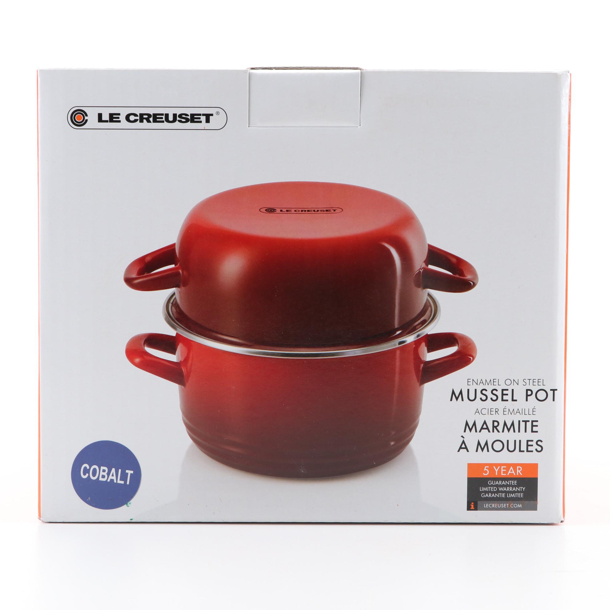 Le Creuset Cobalt Enameled Steel Mussel Pot and Stoneware Au Gratin Bowls