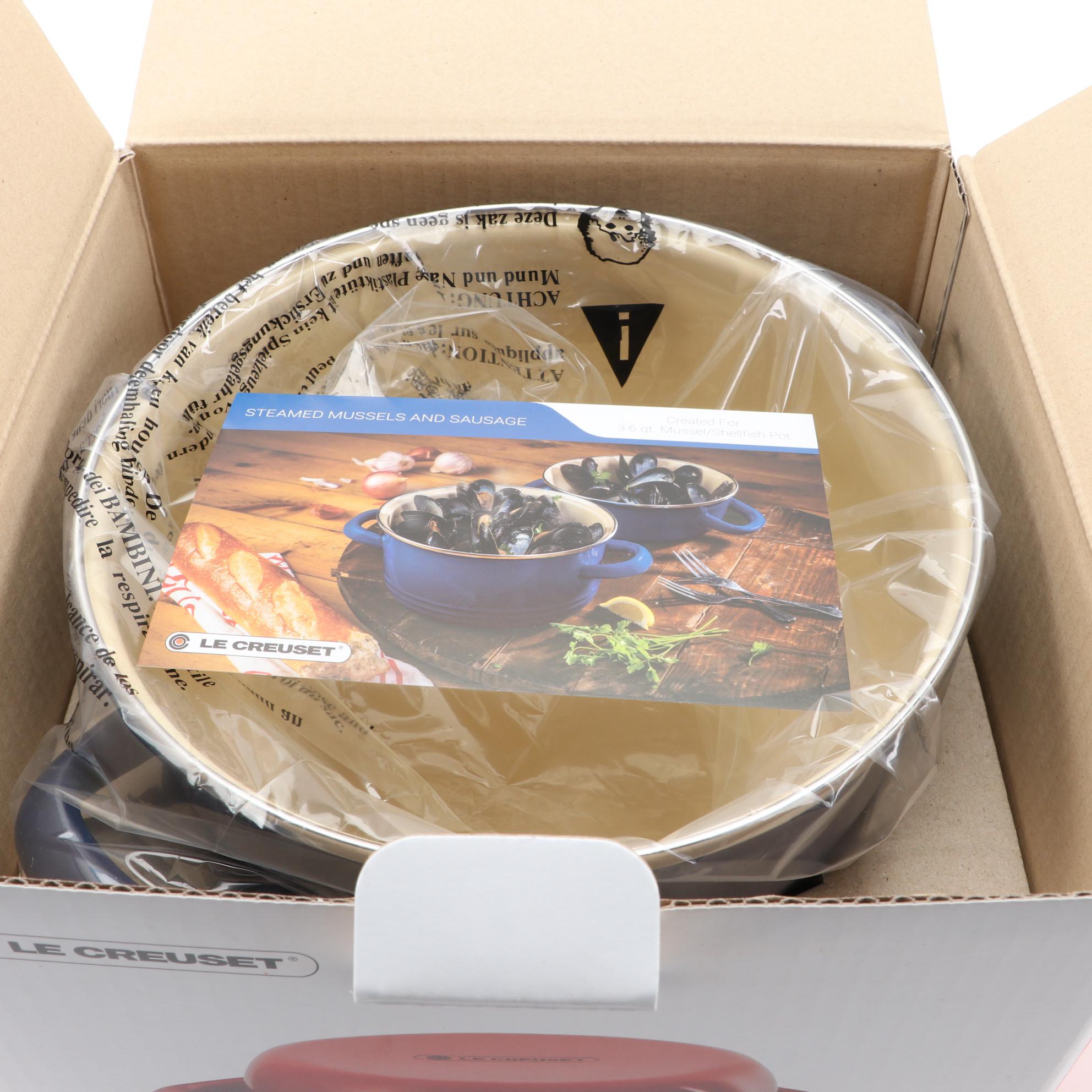 Le Creuset Cobalt Enameled Steel Mussel Pot and Stoneware Au Gratin Bowls