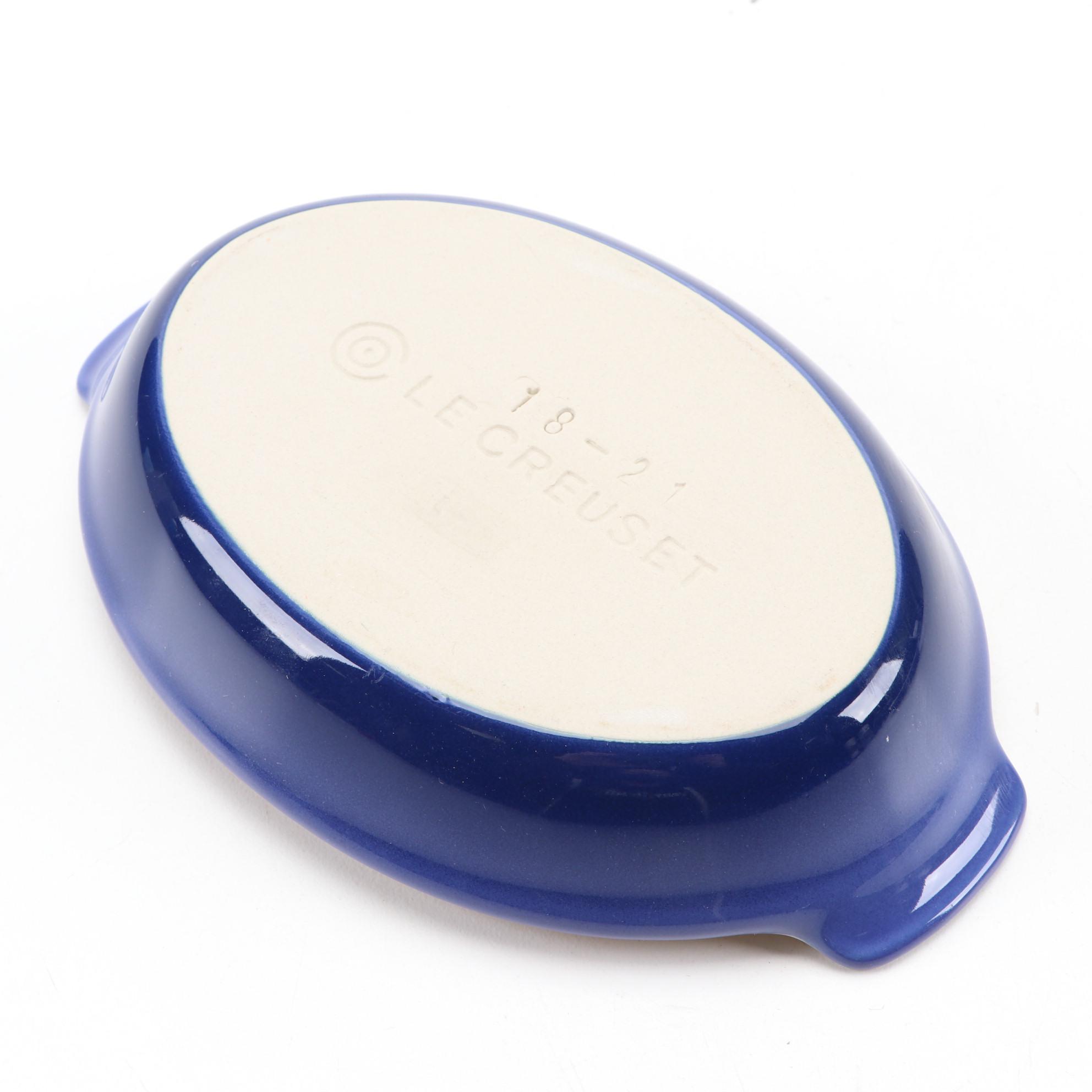 Le Creuset Cobalt Enameled Steel Mussel Pot and Stoneware Au Gratin Bowls