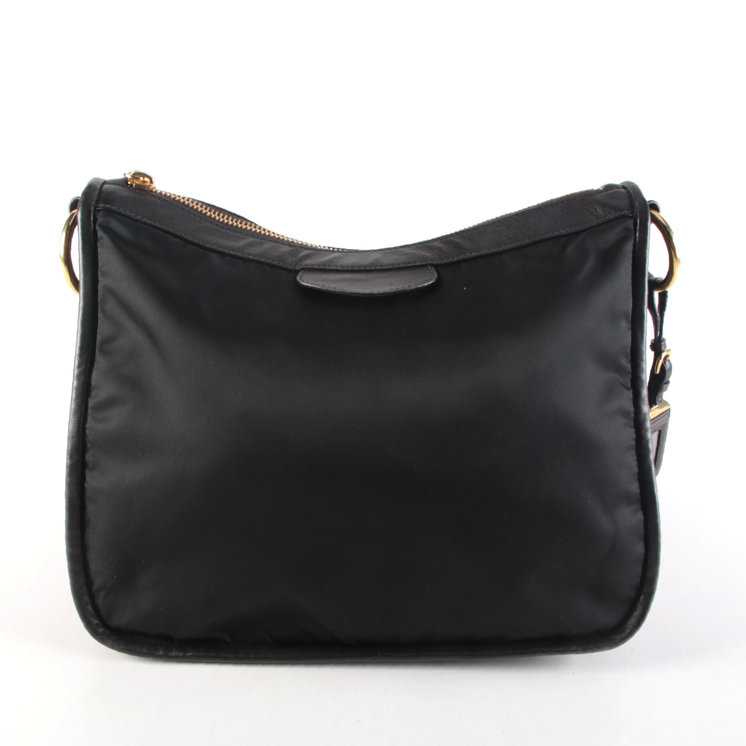 Prada Tessuto Shoulder Bag in Black Nylon and Dark Brown Leather Trim