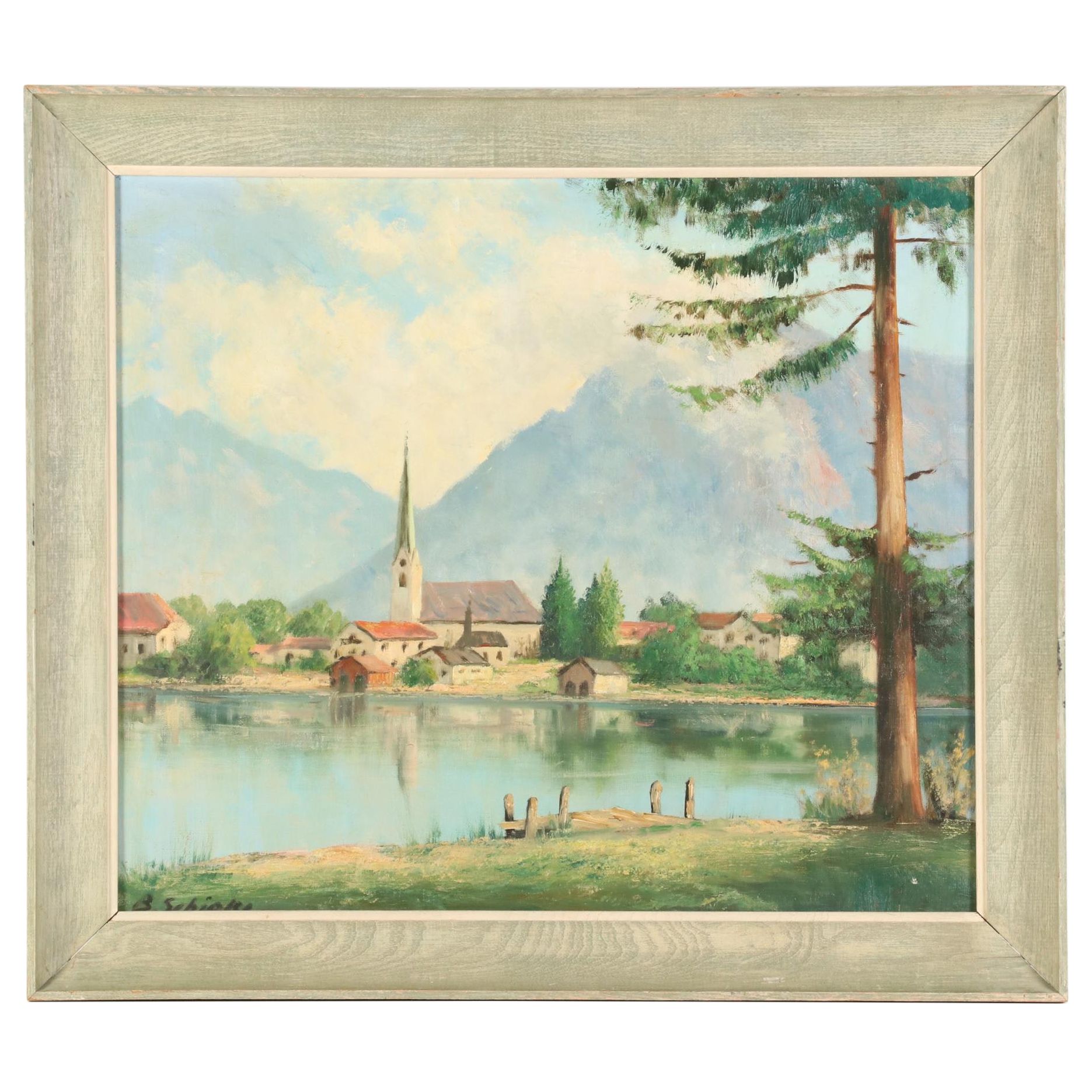 European Oil Painting of Alpine Lakeside Village, Mid-Late 20th Century