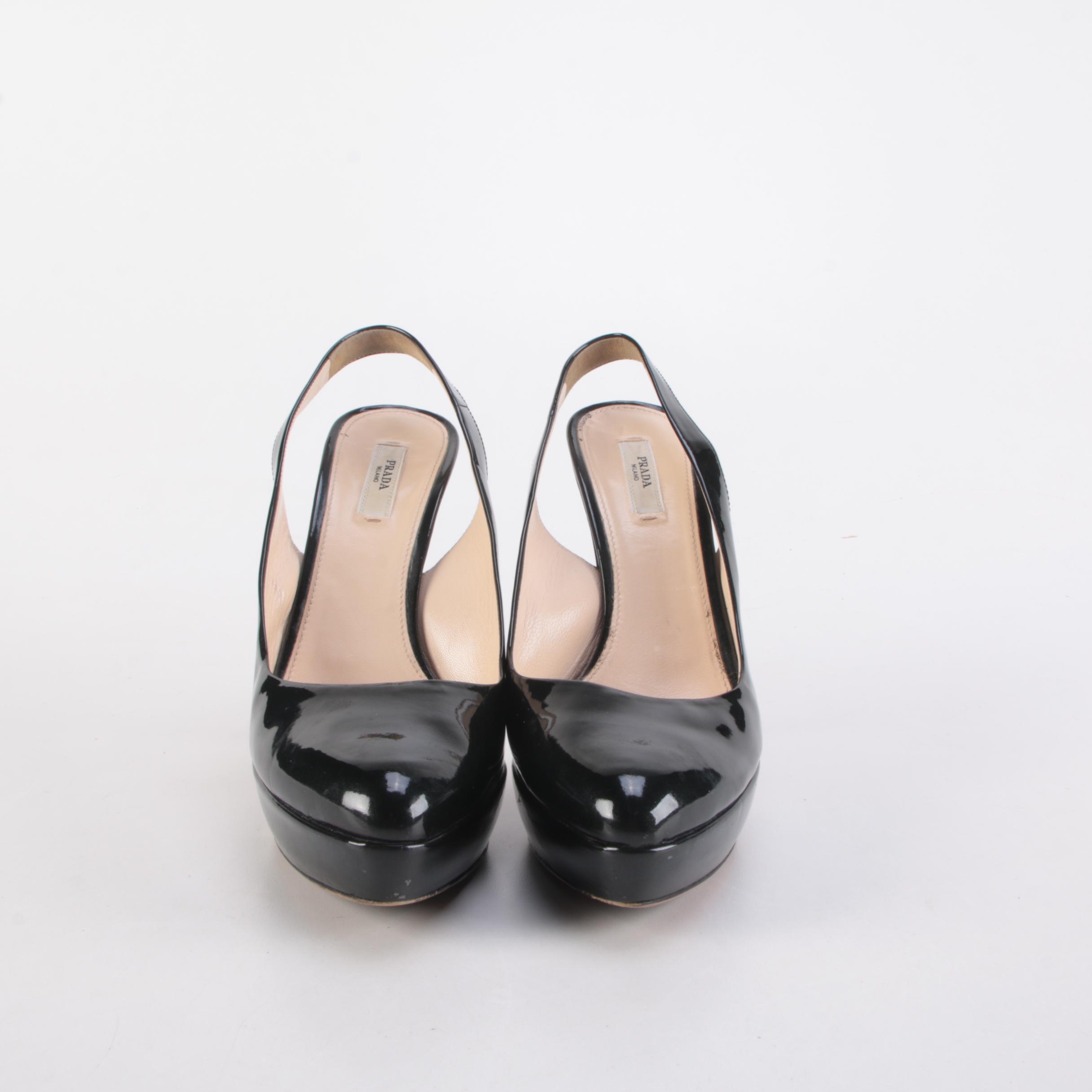Prada Black Patent Leather Slingback Platform Heels