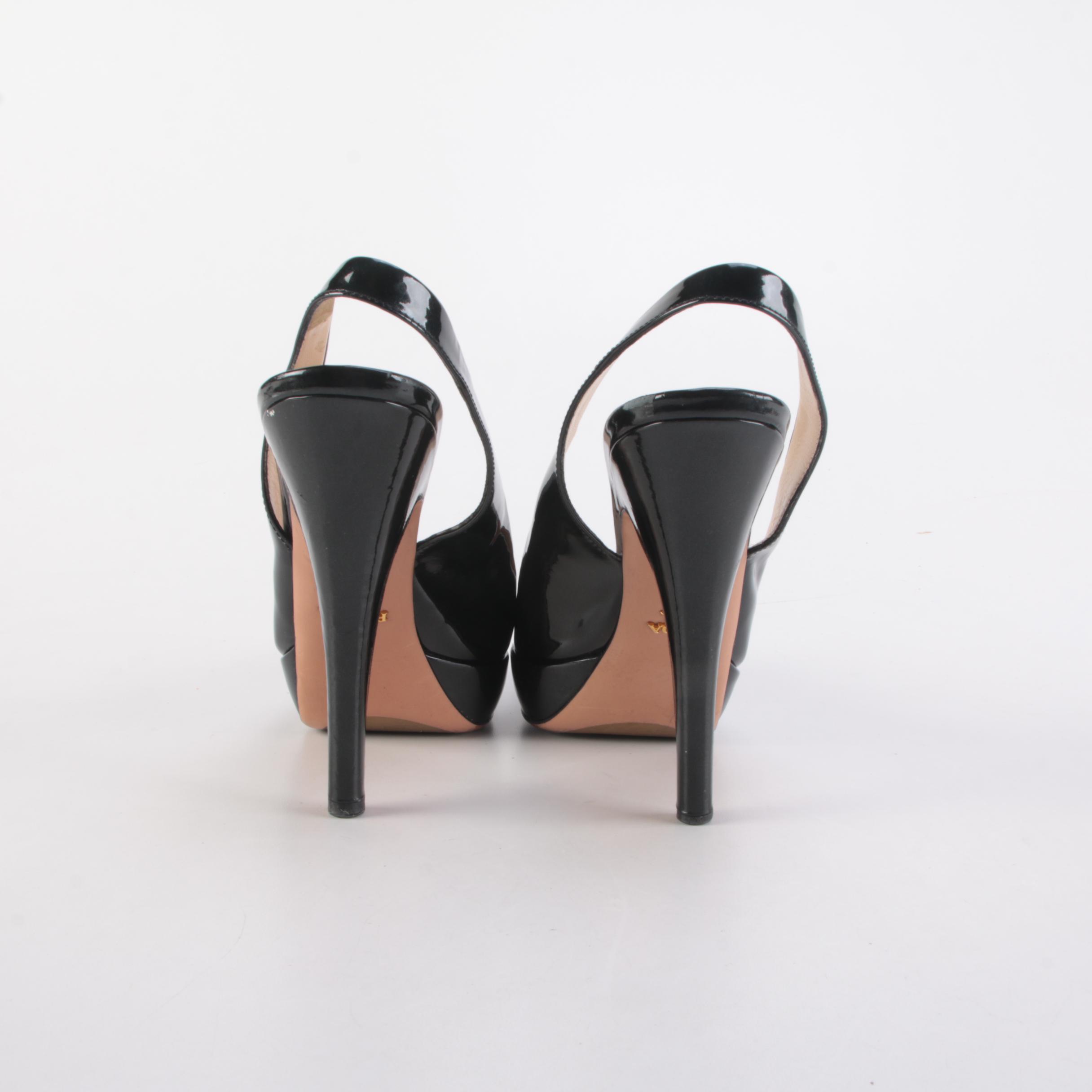 Prada Black Patent Leather Slingback Platform Heels