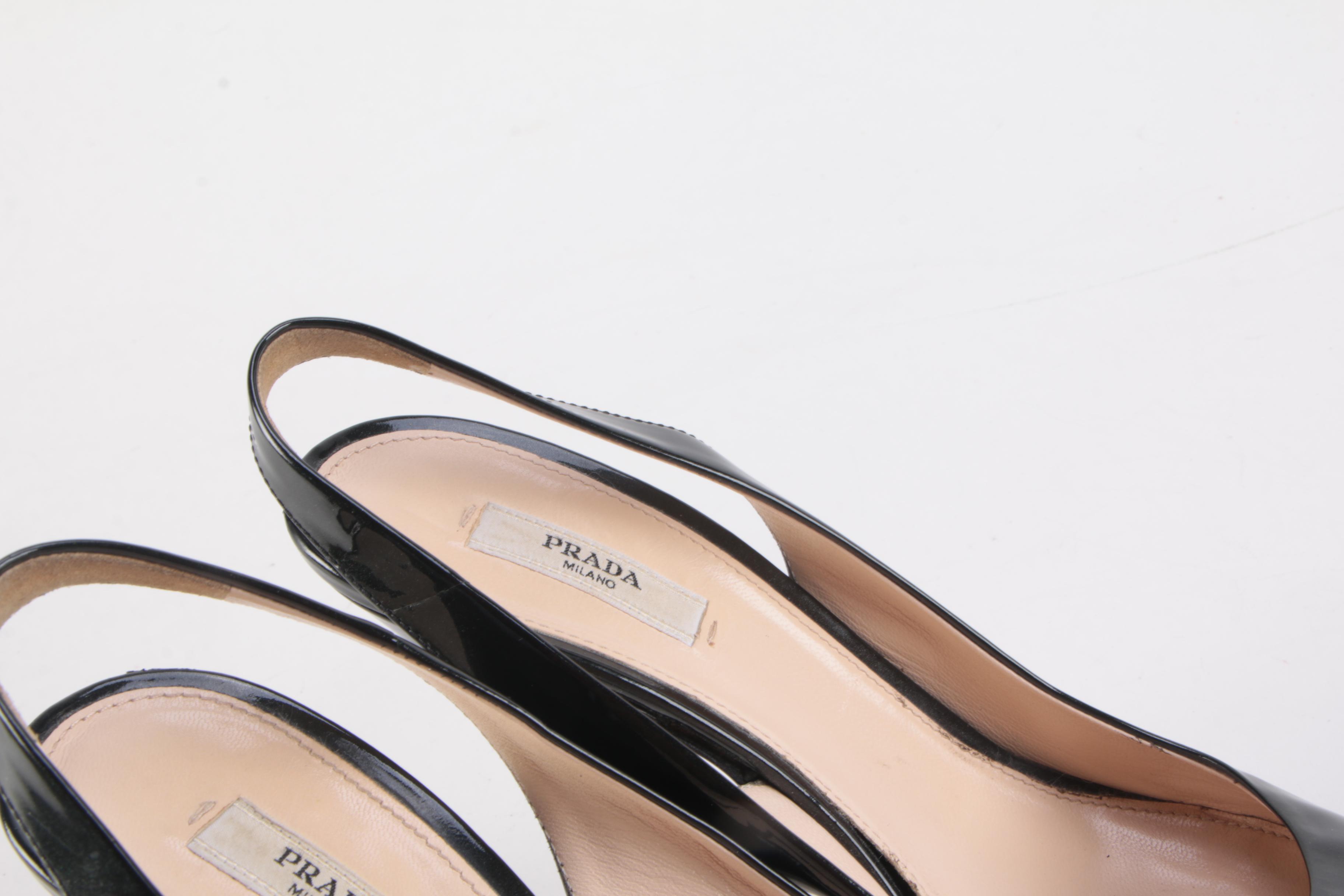 Prada Black Patent Leather Slingback Platform Heels
