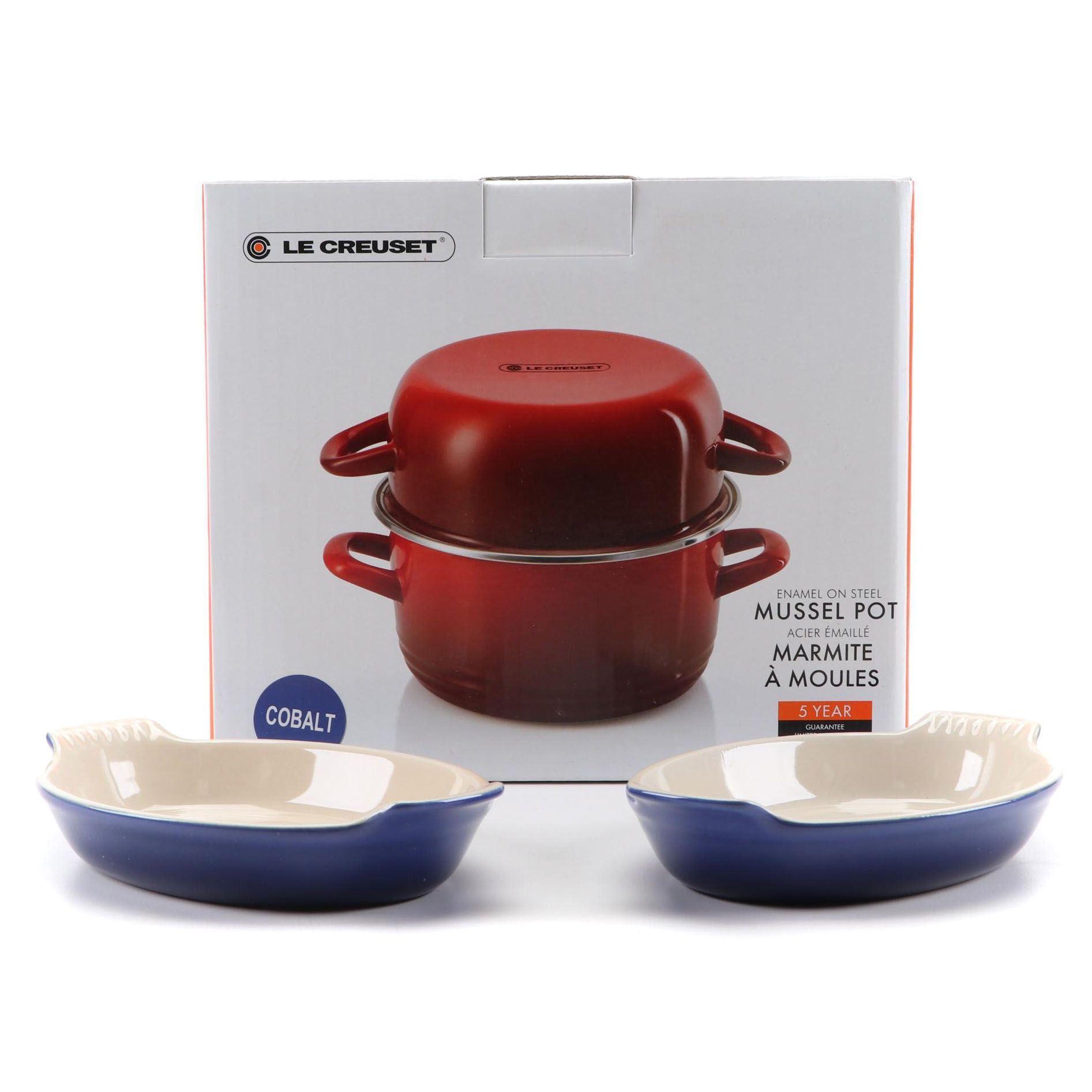 Le Creuset Cobalt Enameled Steel Mussel Pot and Stoneware Au Gratin Bowls