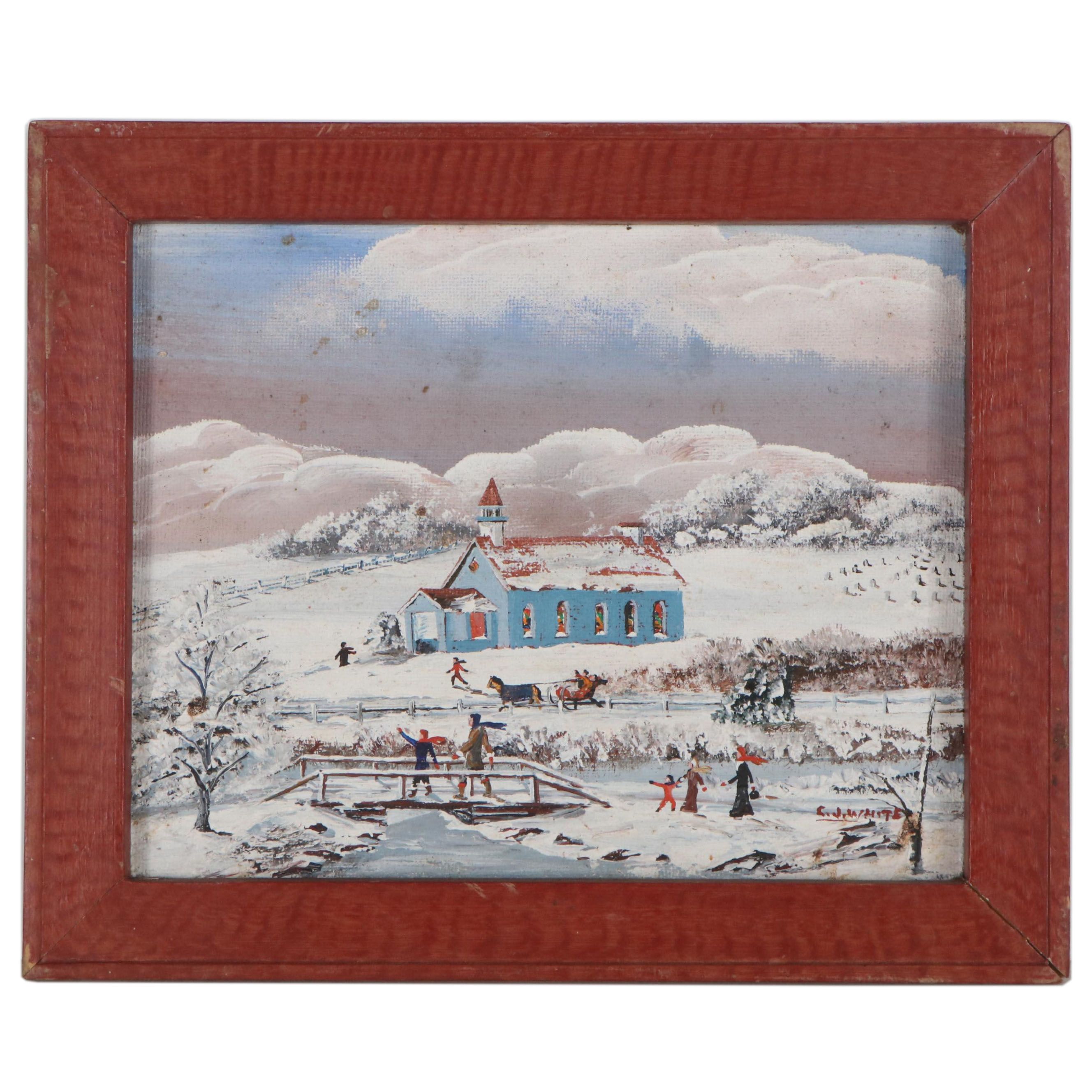 Charles J. White Folk Art Oil Painting of a Snow Covered Landscape,