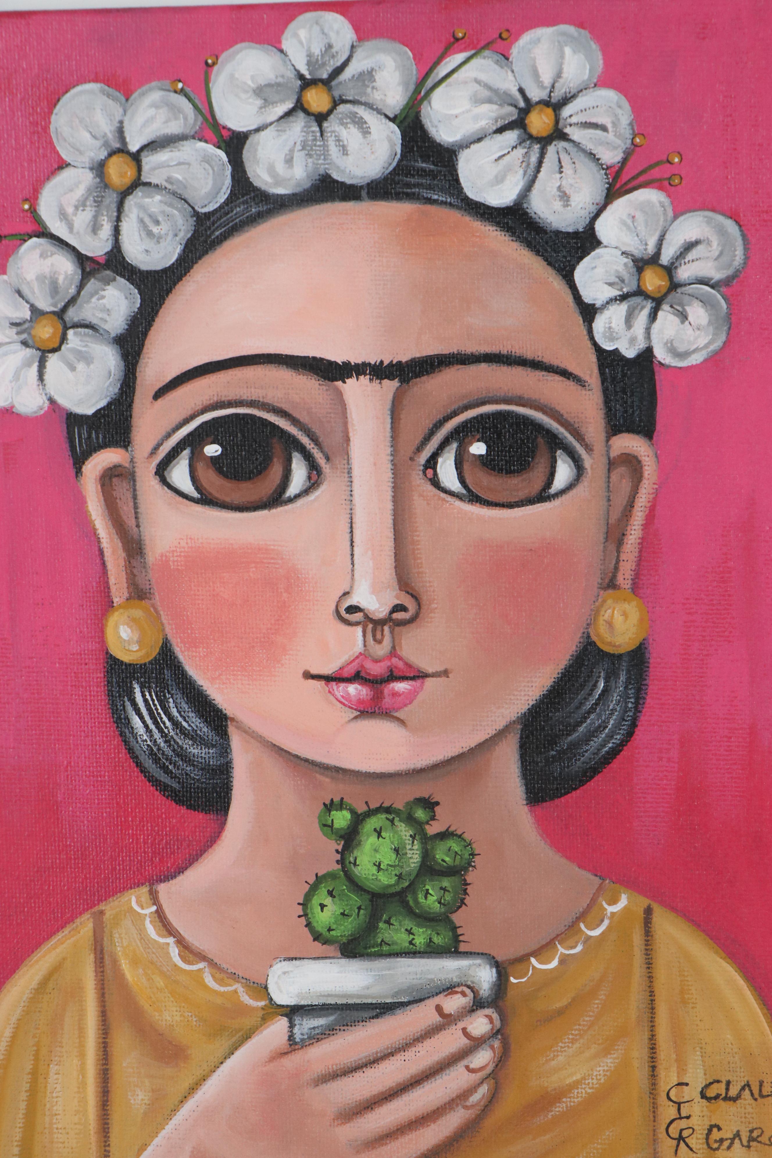 Claudia García Mexican Folk Art Acrylic Painting of Frida Kahlo, 21st Century
