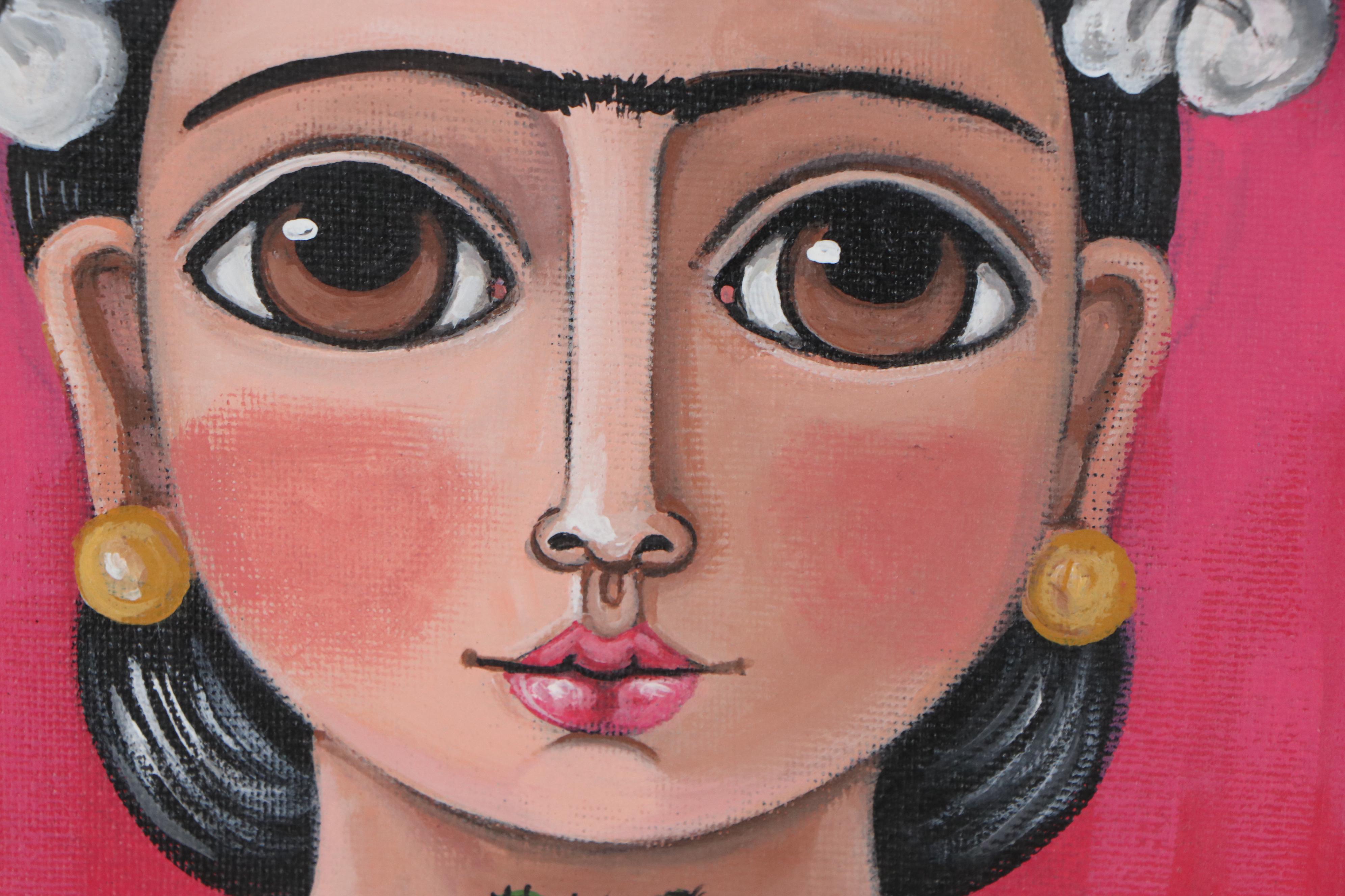 Claudia García Mexican Folk Art Acrylic Painting of Frida Kahlo, 21st Century