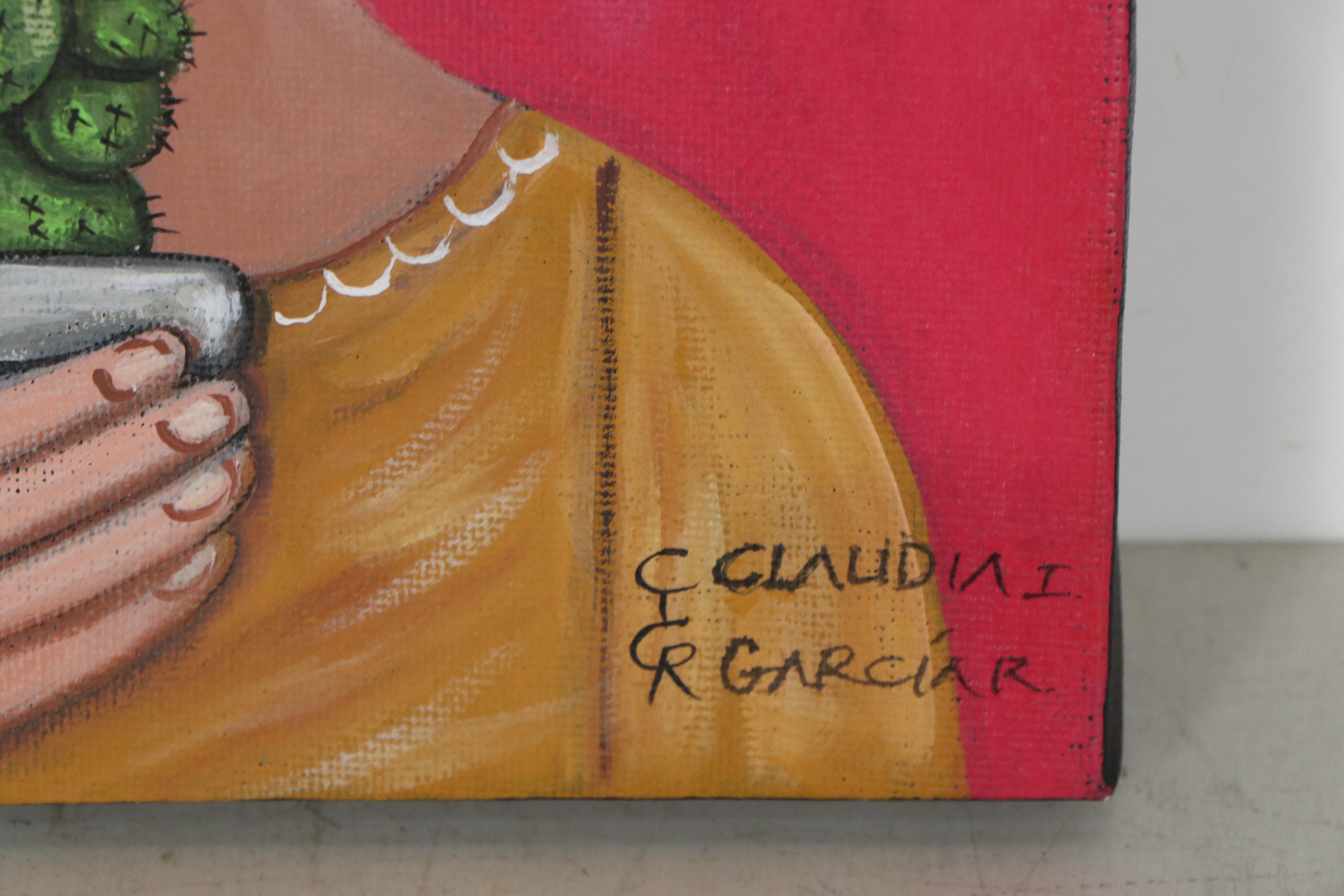 Claudia García Mexican Folk Art Acrylic Painting of Frida Kahlo, 21st Century