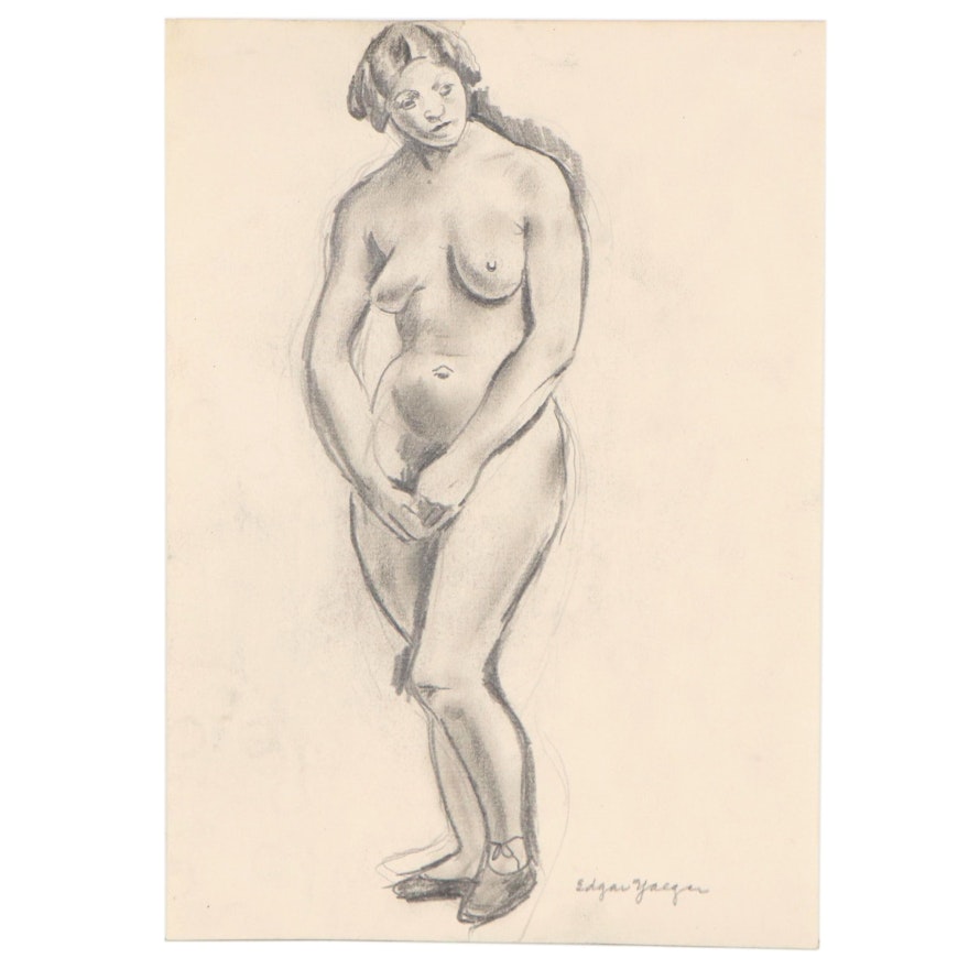 Edgar Yaeger Charcoal Drawing of Nude Figure, Mid-20th Century