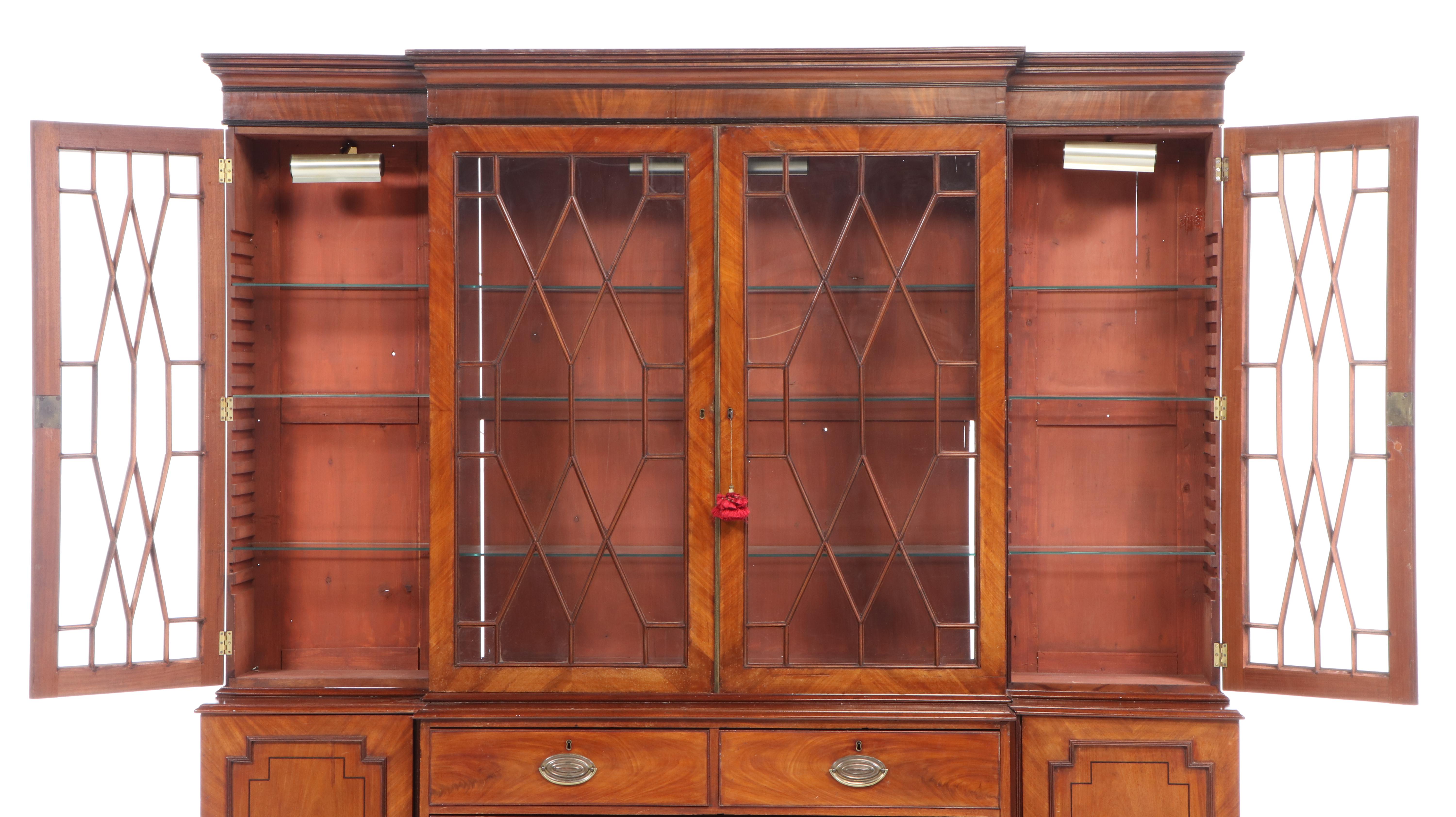 George III Mahogany and String-Inlaid Breakfront Bookcase, circa 1800