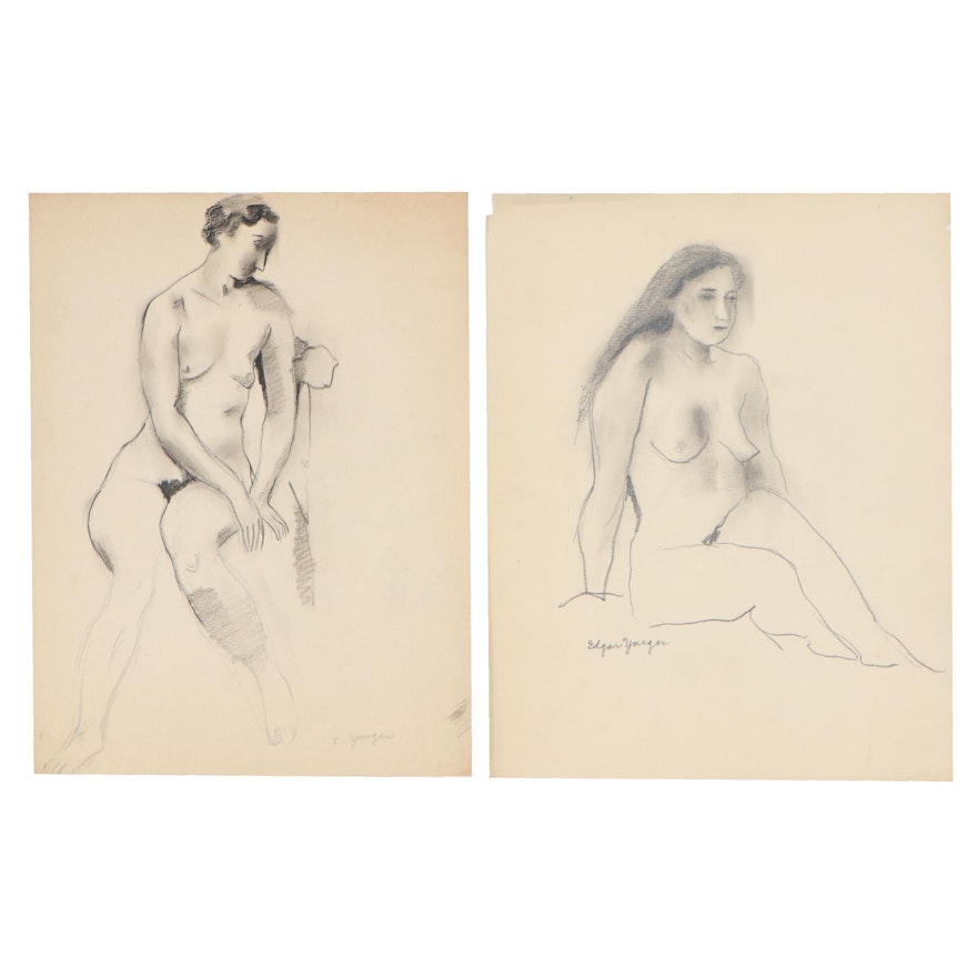 Edgar Yaeger Charcoal Drawings of Nude Figures, Mid-20th Century