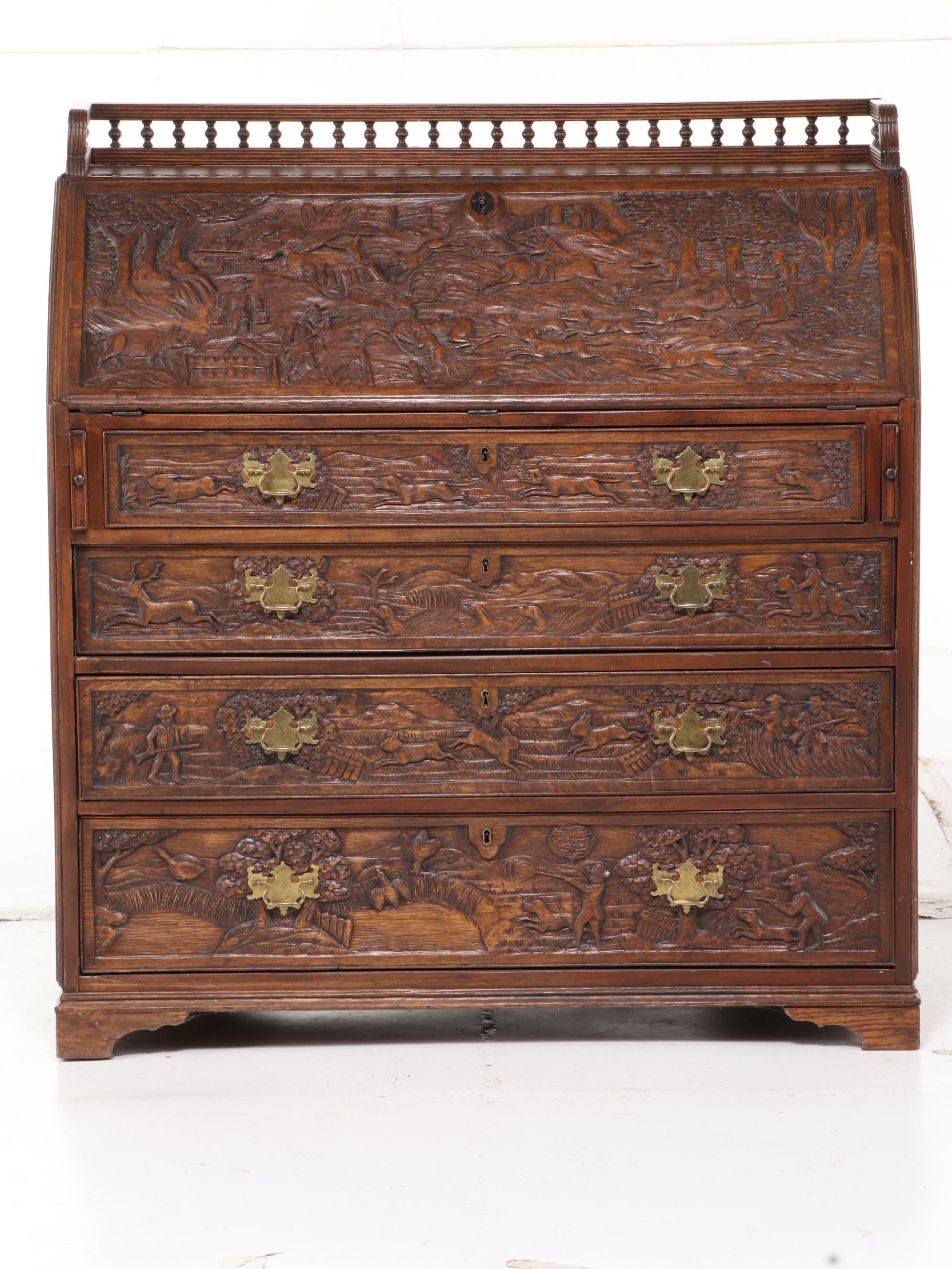 Relief-Carved Oak Bureau with Hunting Scenes, 20th Century